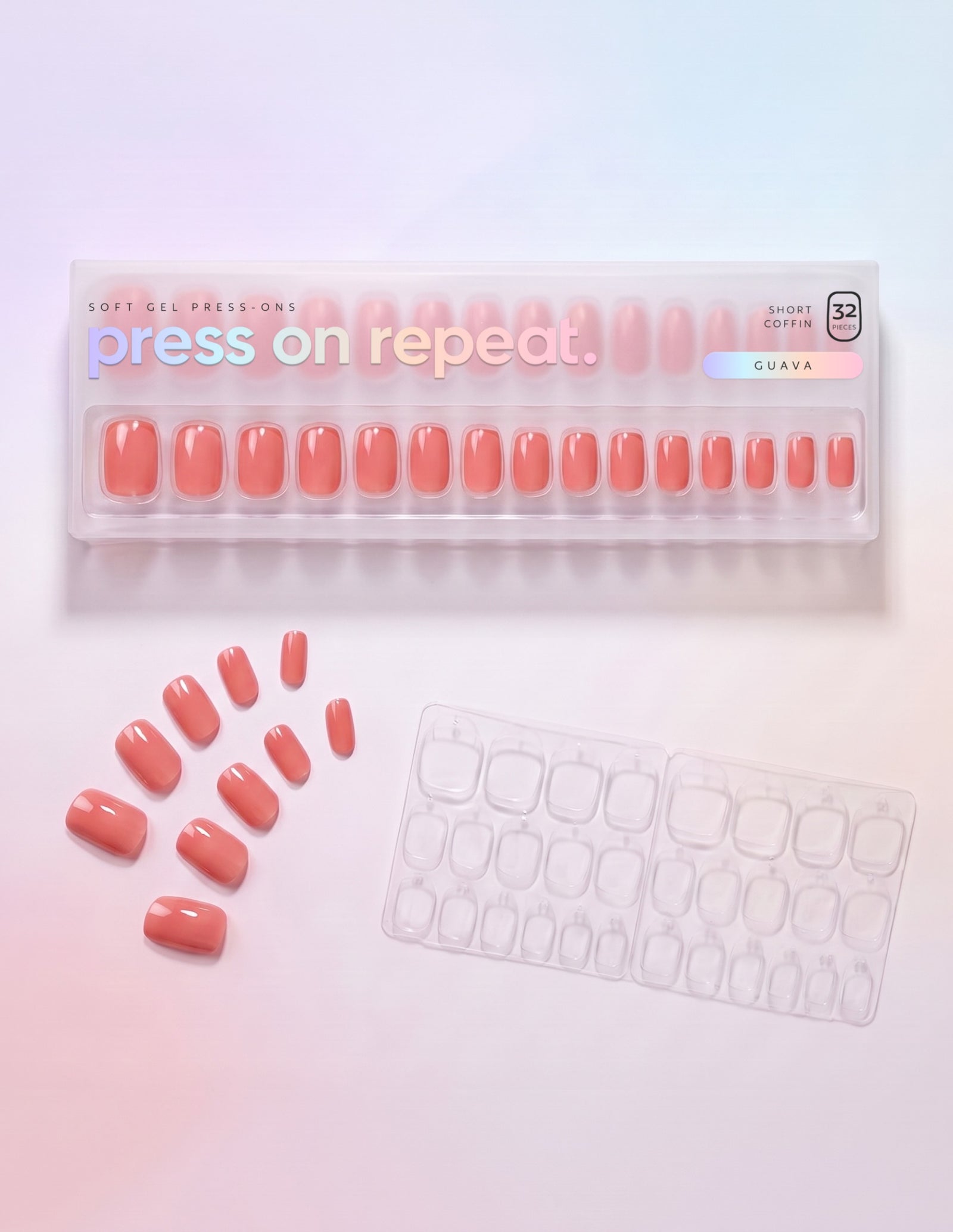Guava press-on nails — Coffin (short) retail box with loose nails and adhesive tabs