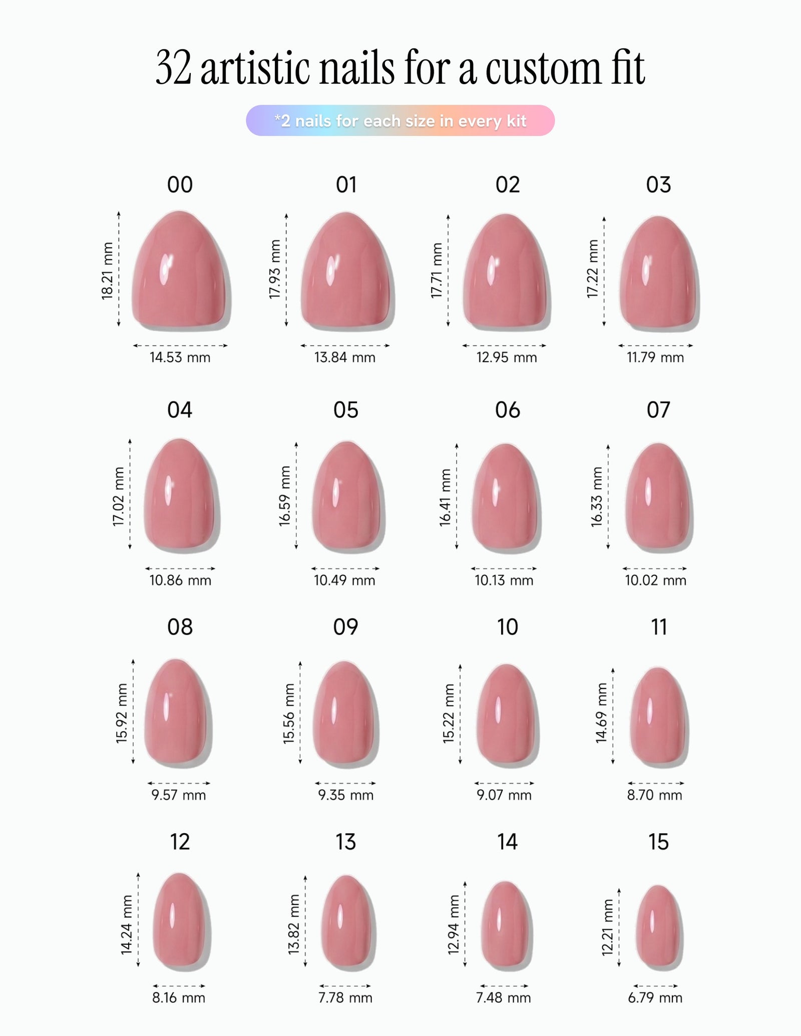 Rose Milk — Almond size chart, 16 sizes with millimetre measurements