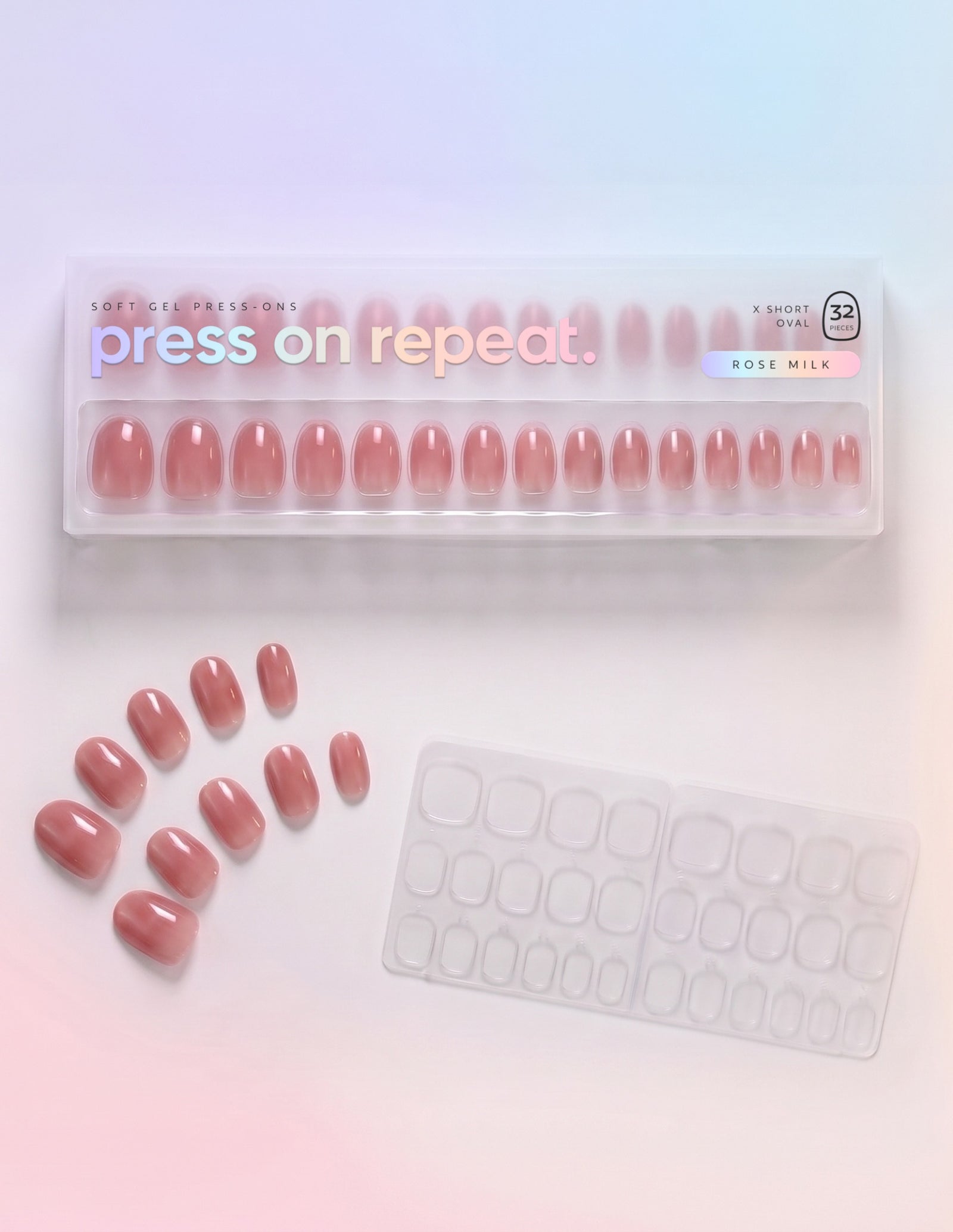 Rose Milk press-on nails — Oval (extra-short) retail box with loose nails and adhesive tabs