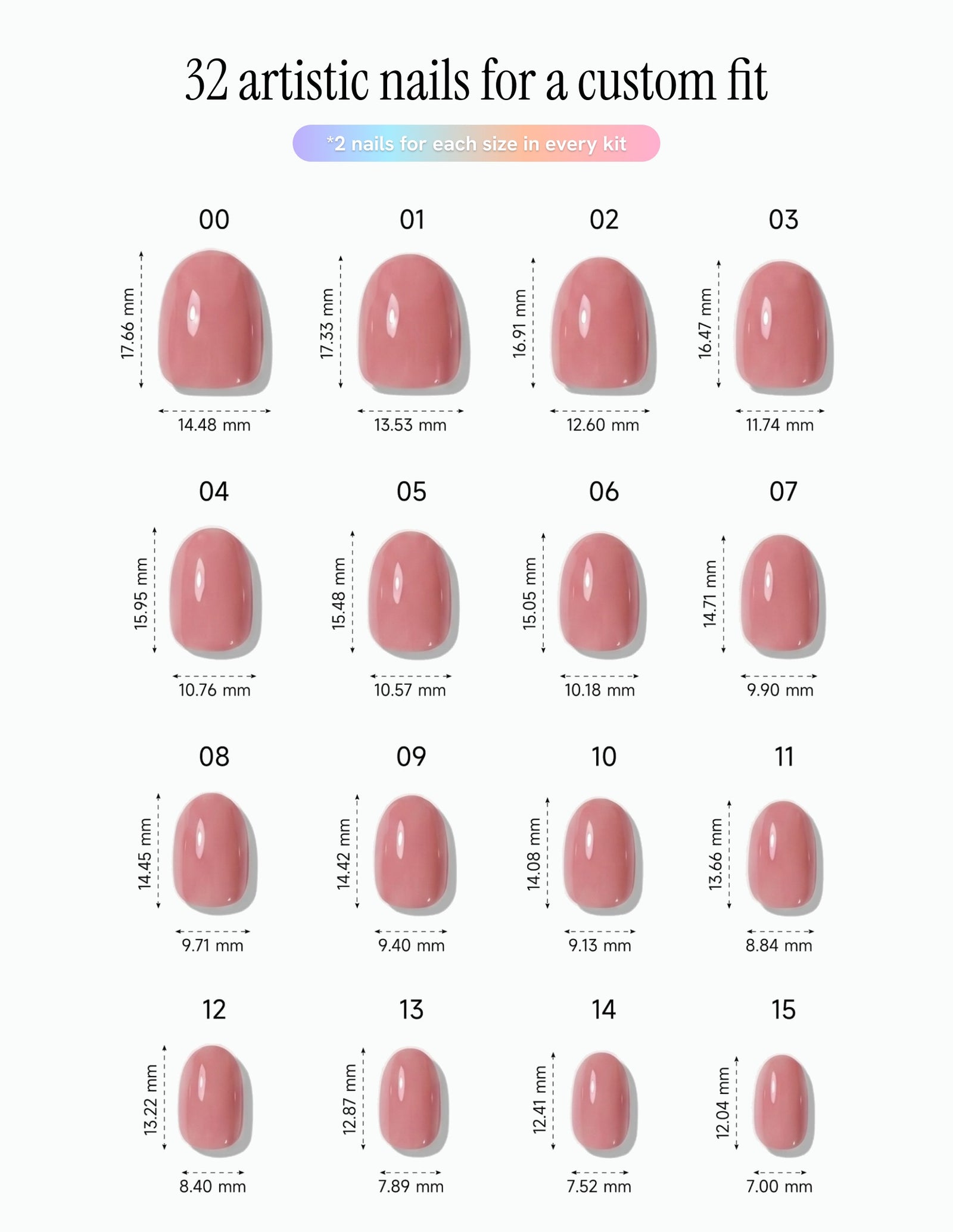 Rose Milk — Oval size chart, 16 sizes with millimetre measurements