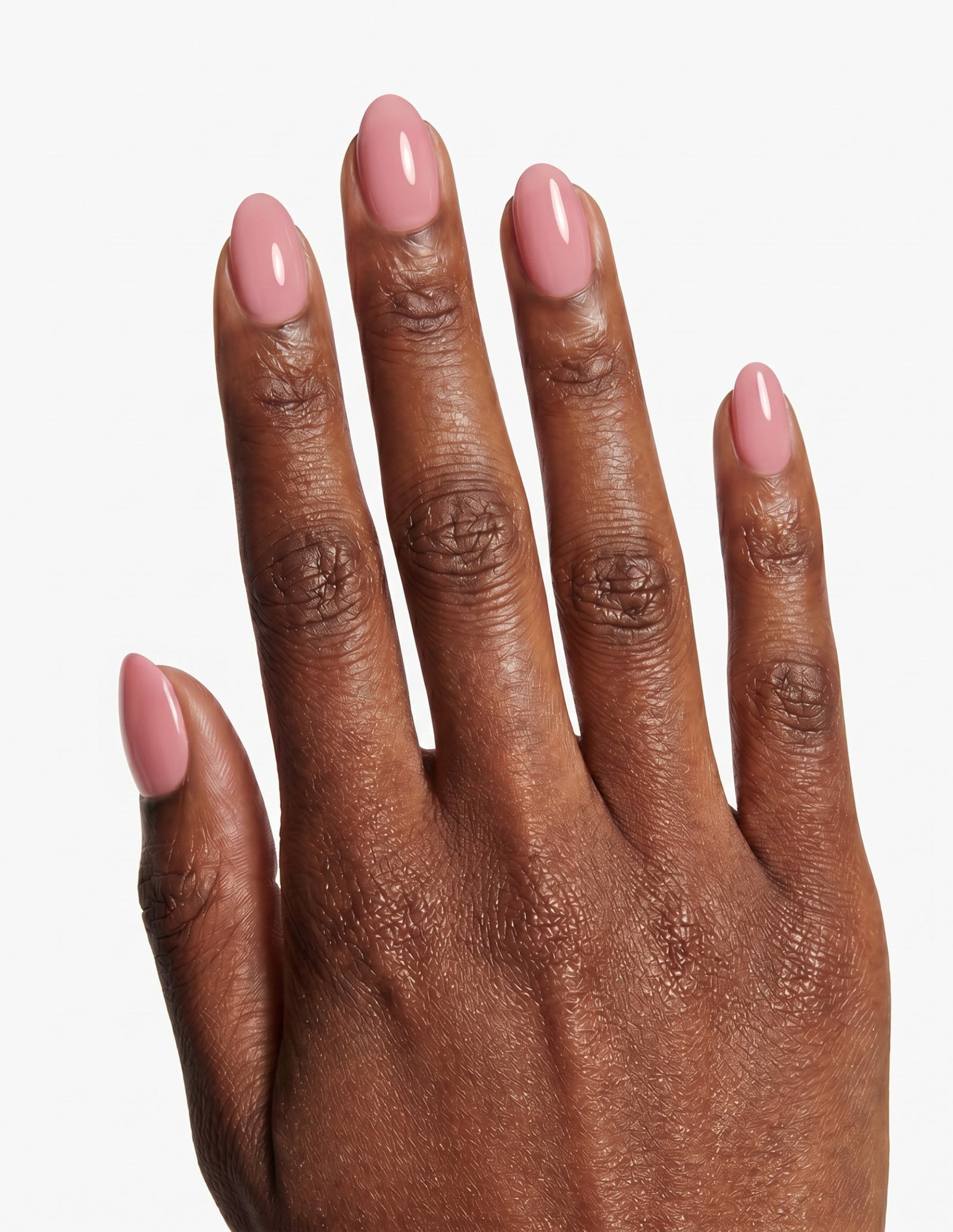 Bubblegum press-on nails — Almond (extra-short), deep-skin hand, back of hand