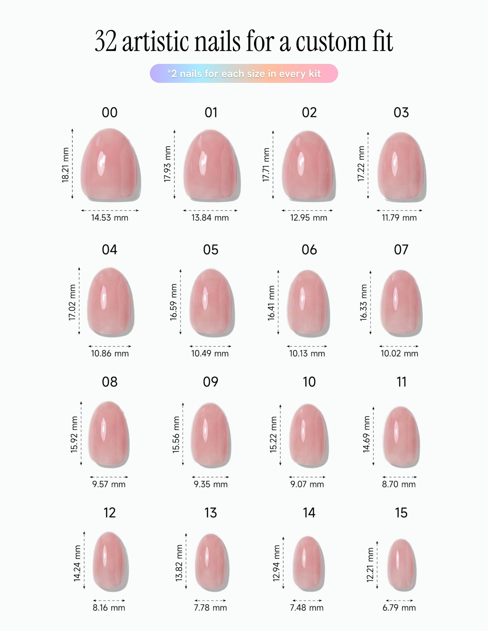 Bubblegum — Almond size chart, 16 sizes with millimetre measurements