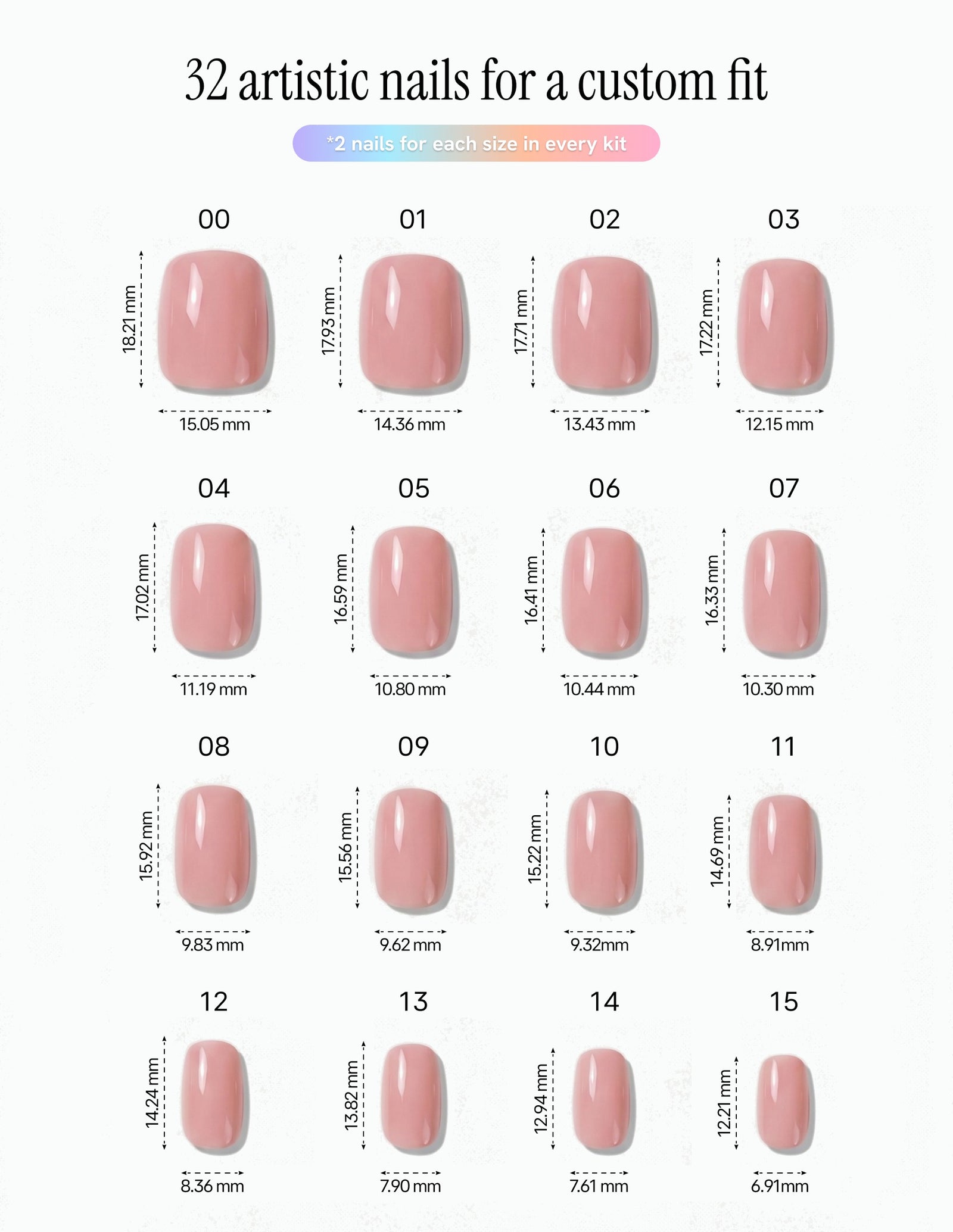 Bubblegum — Coffin size chart, 16 sizes with millimetre measurements