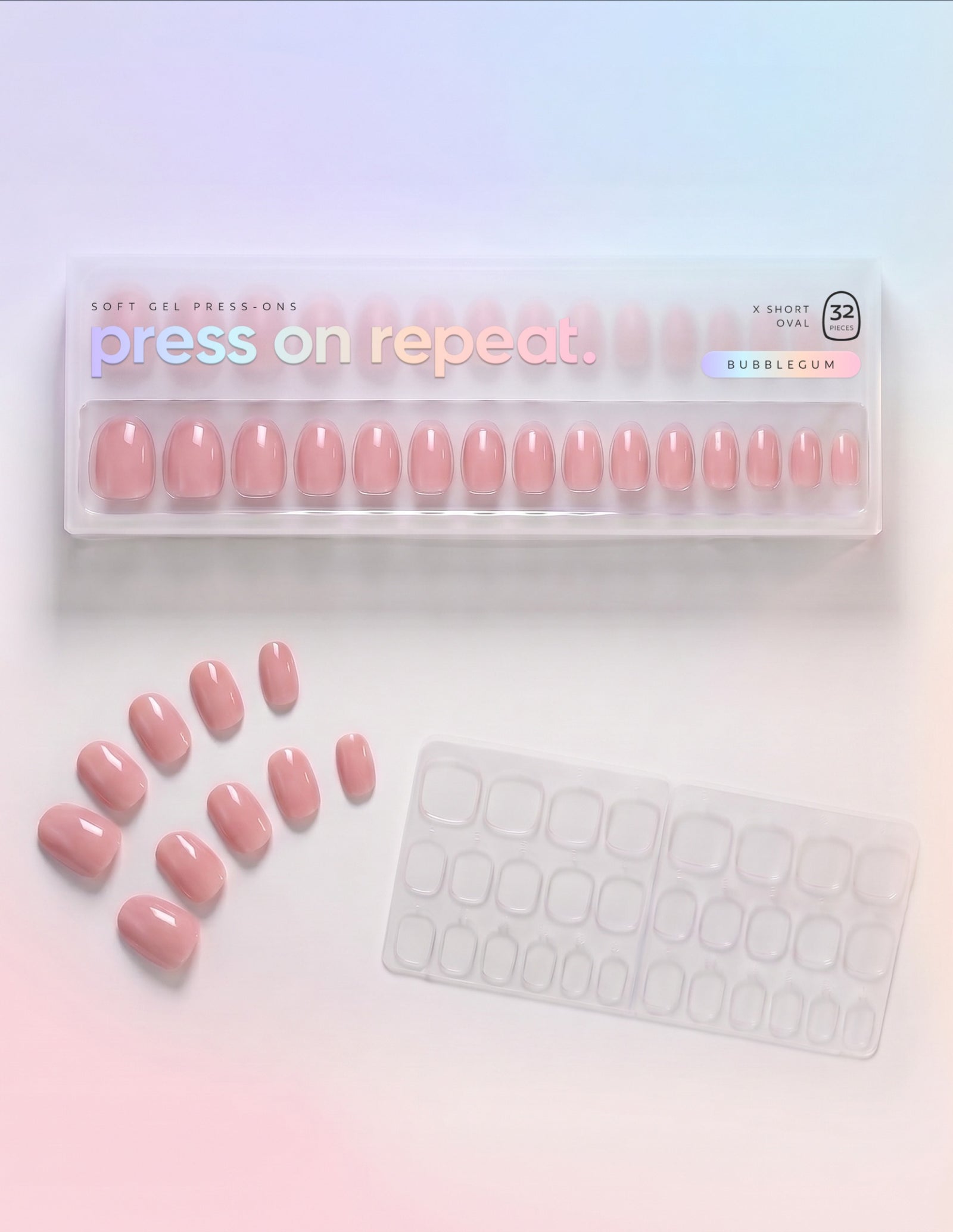 Bubblegum press-on nails — Oval (extra-short) retail box with loose nails and adhesive tabs