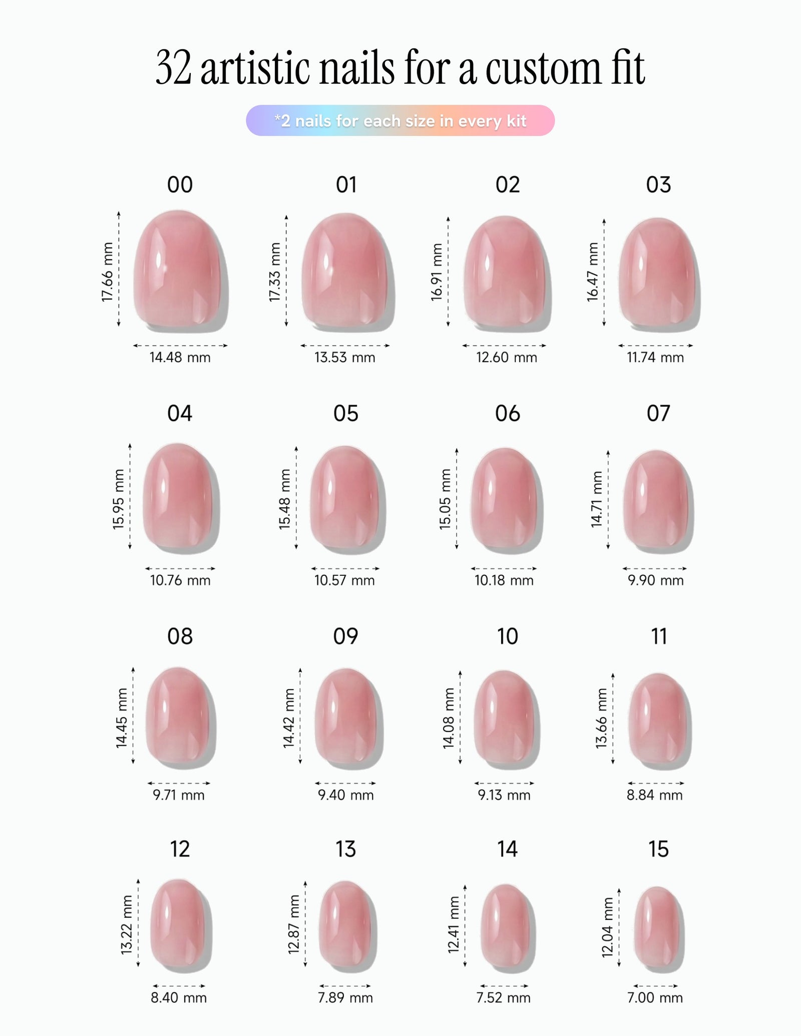 Bubblegum — Oval size chart, 16 sizes with millimetre measurements