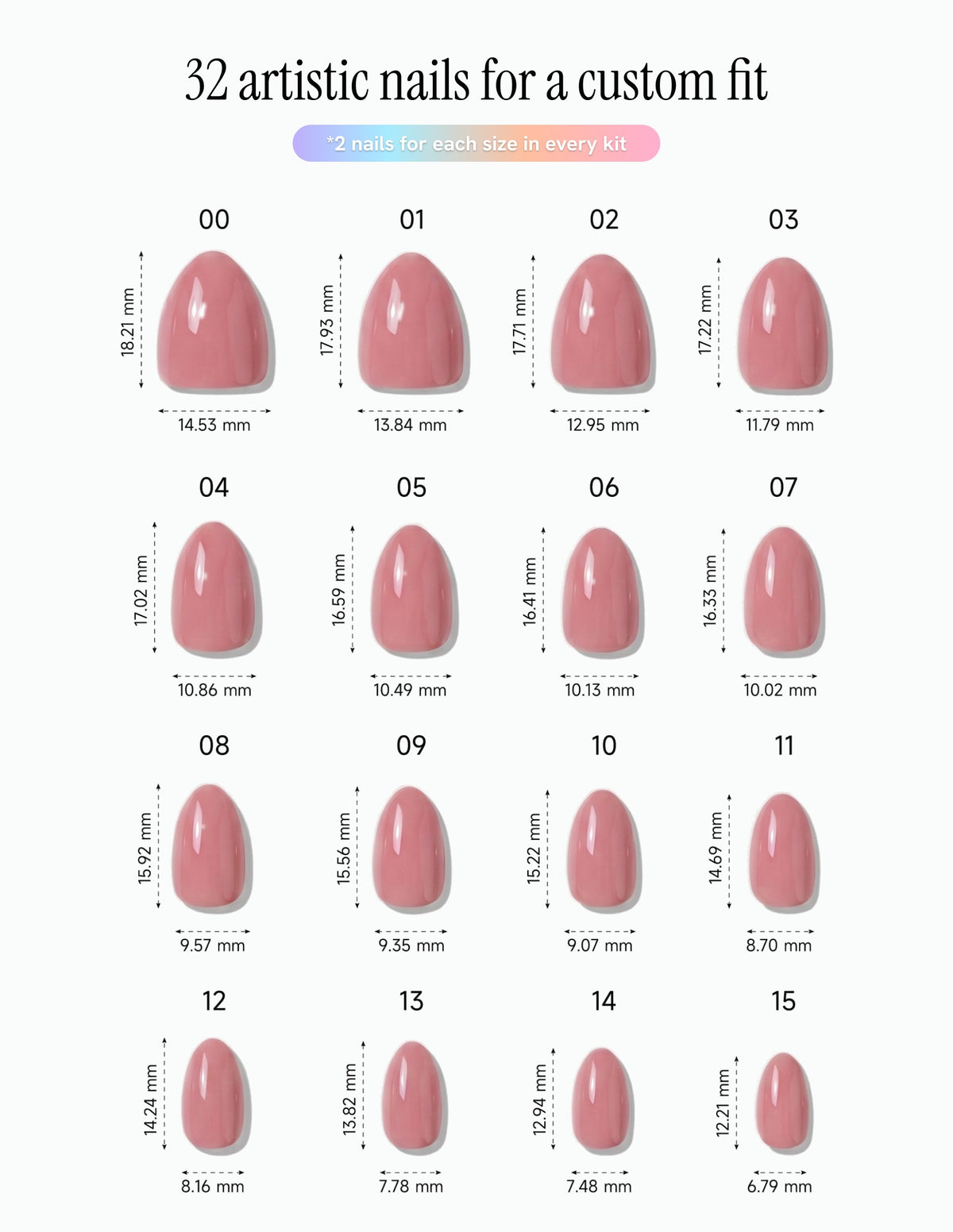 Dusty Rose — Almond size chart, 16 sizes with millimetre measurements