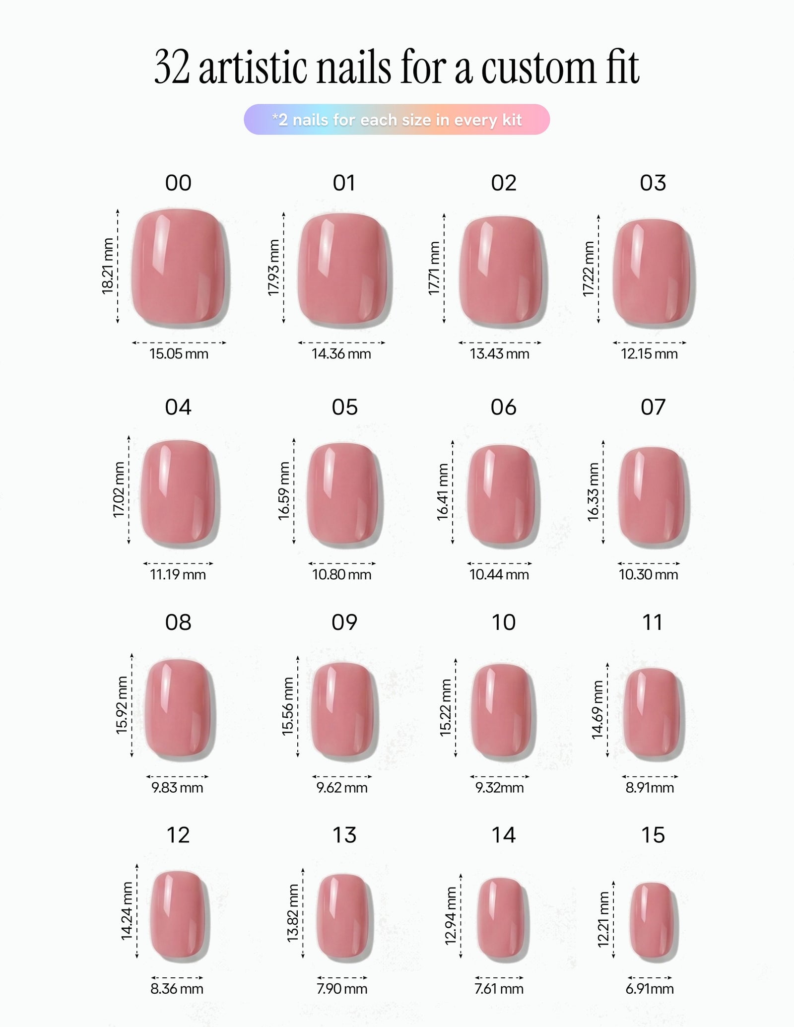 Dusty Rose — Coffin size chart, 16 sizes with millimetre measurements