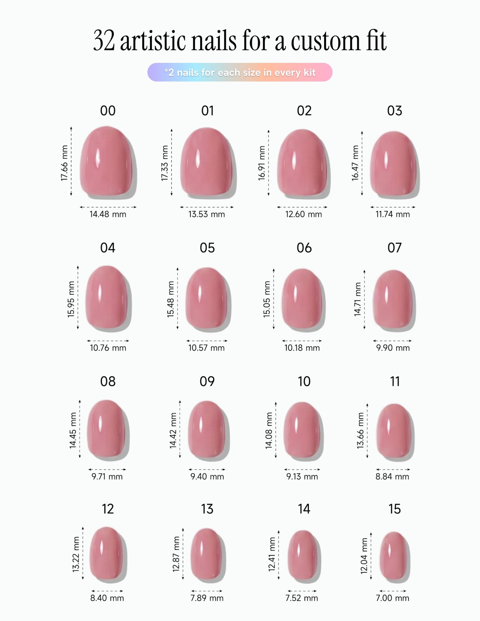 Dusty Rose — Oval size chart, 16 sizes with millimetre measurements
