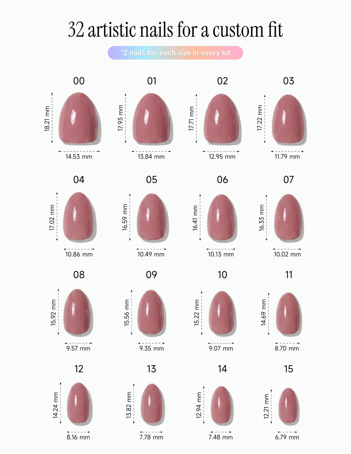 Mauve — Almond size chart, 16 sizes with millimetre measurements