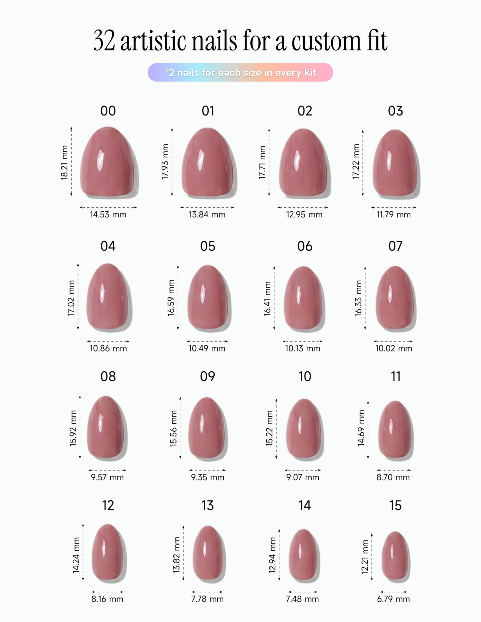 Mauve — Almond size chart, 16 sizes with millimetre measurements