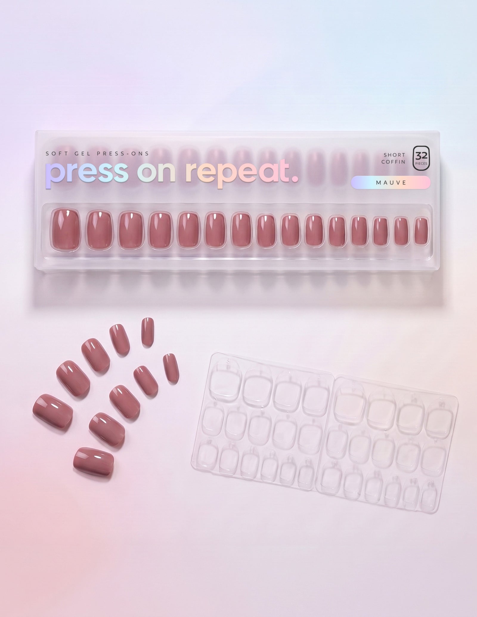 Mauve press-on nails — Coffin (short) retail box with loose nails and adhesive tabs