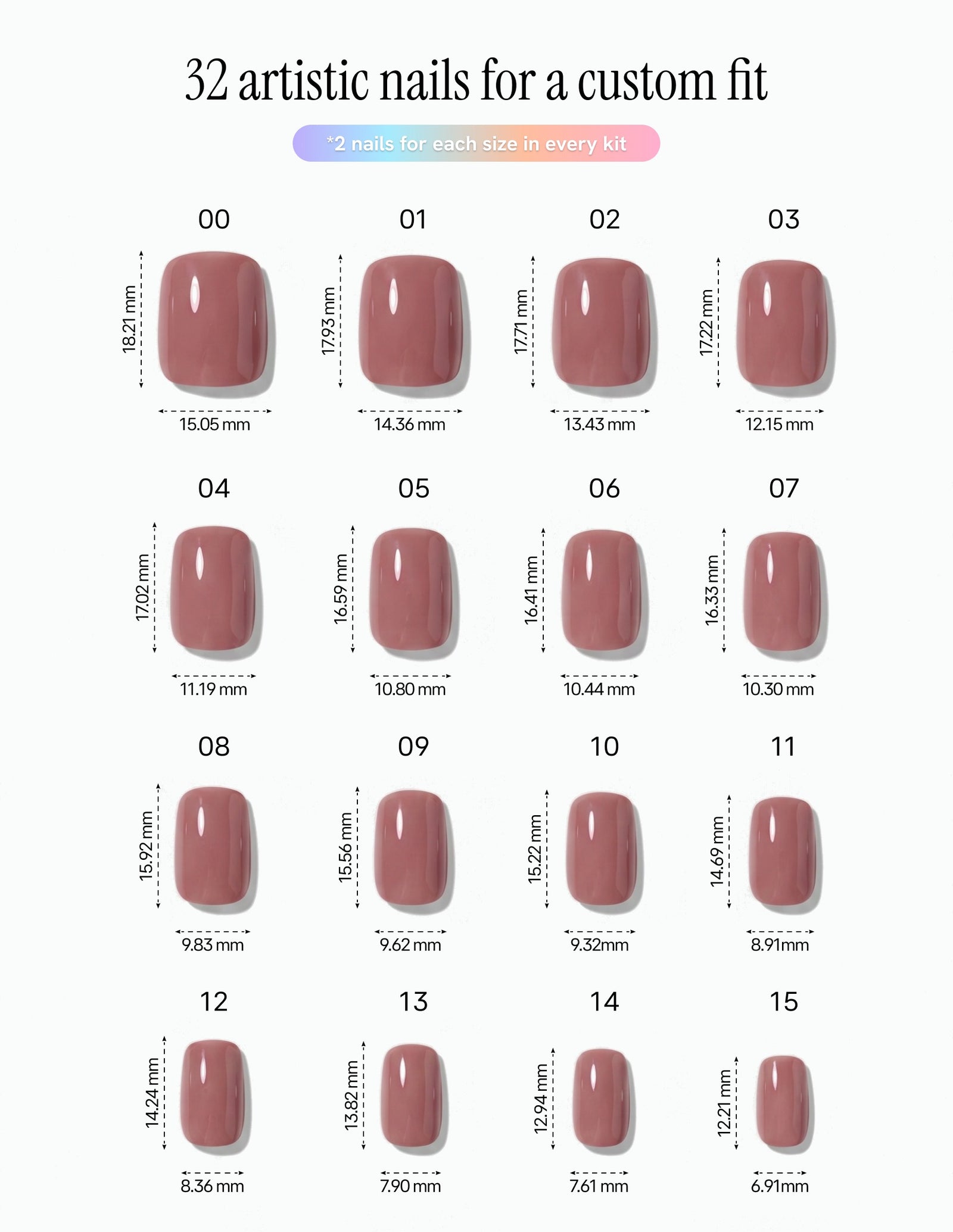 Mauve — Coffin size chart, 16 sizes with millimetre measurements