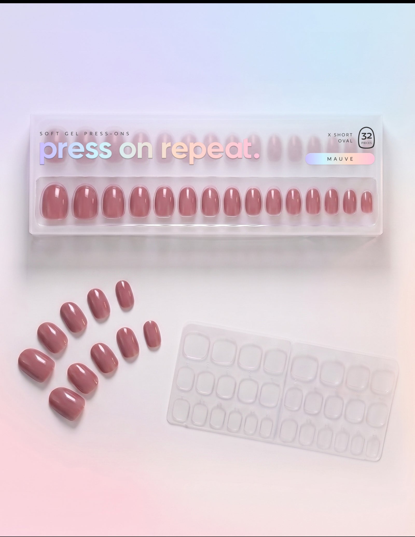 Mauve press-on nails — Oval (extra-short) retail box with loose nails and adhesive tabs