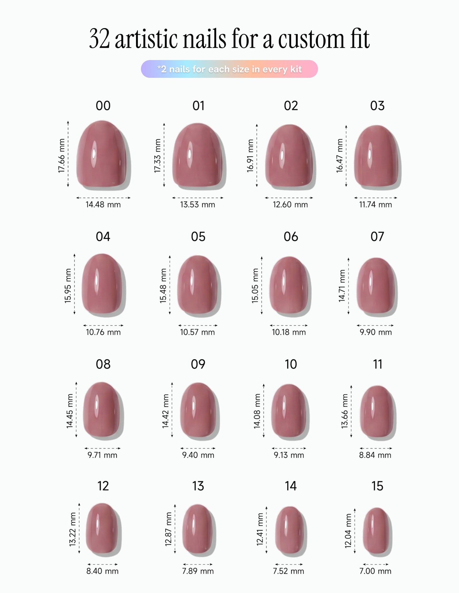 Mauve — Oval size chart, 16 sizes with millimetre measurements