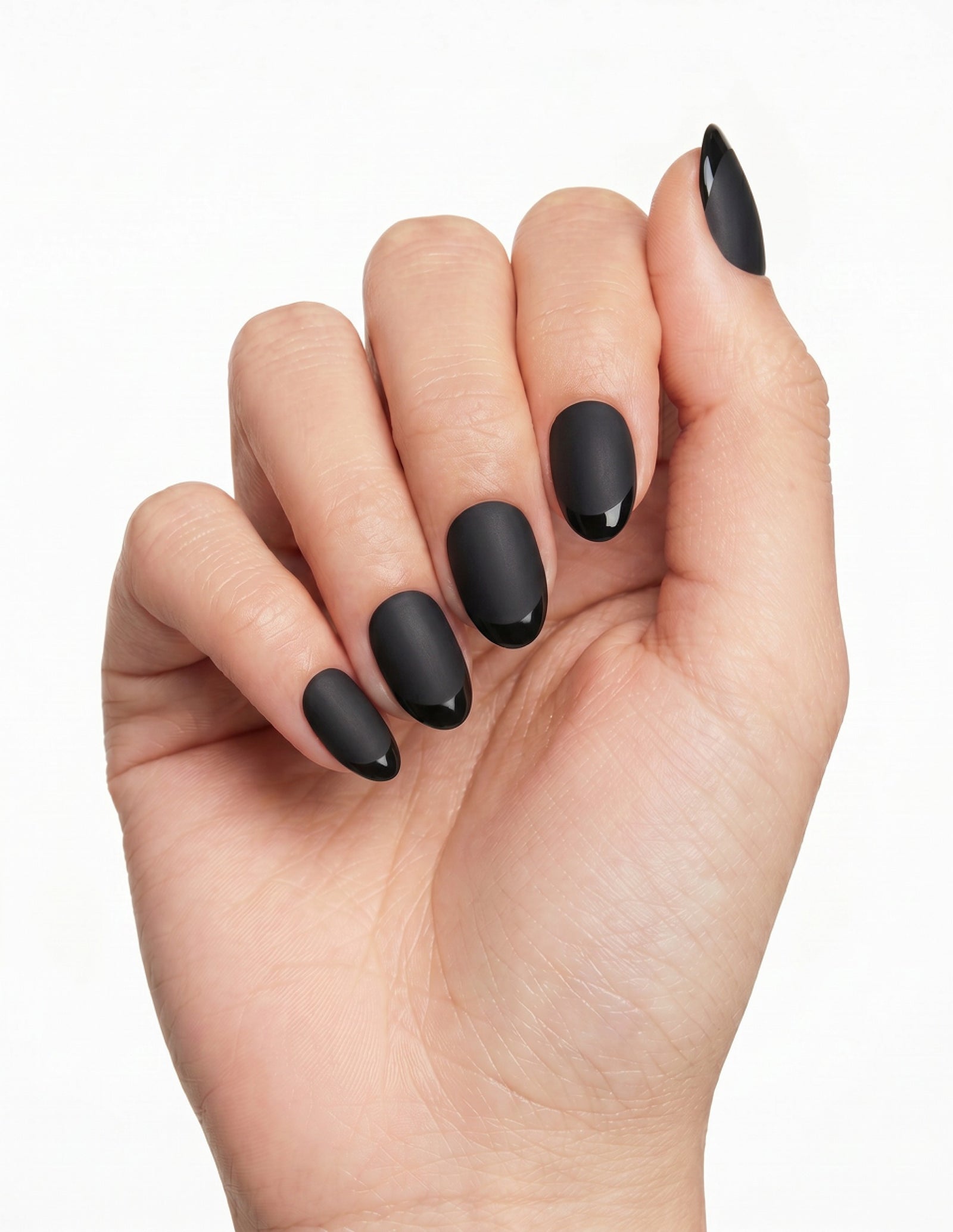 Ink press-on nails — Almond (extra-short), light-skin hand, fingers curled