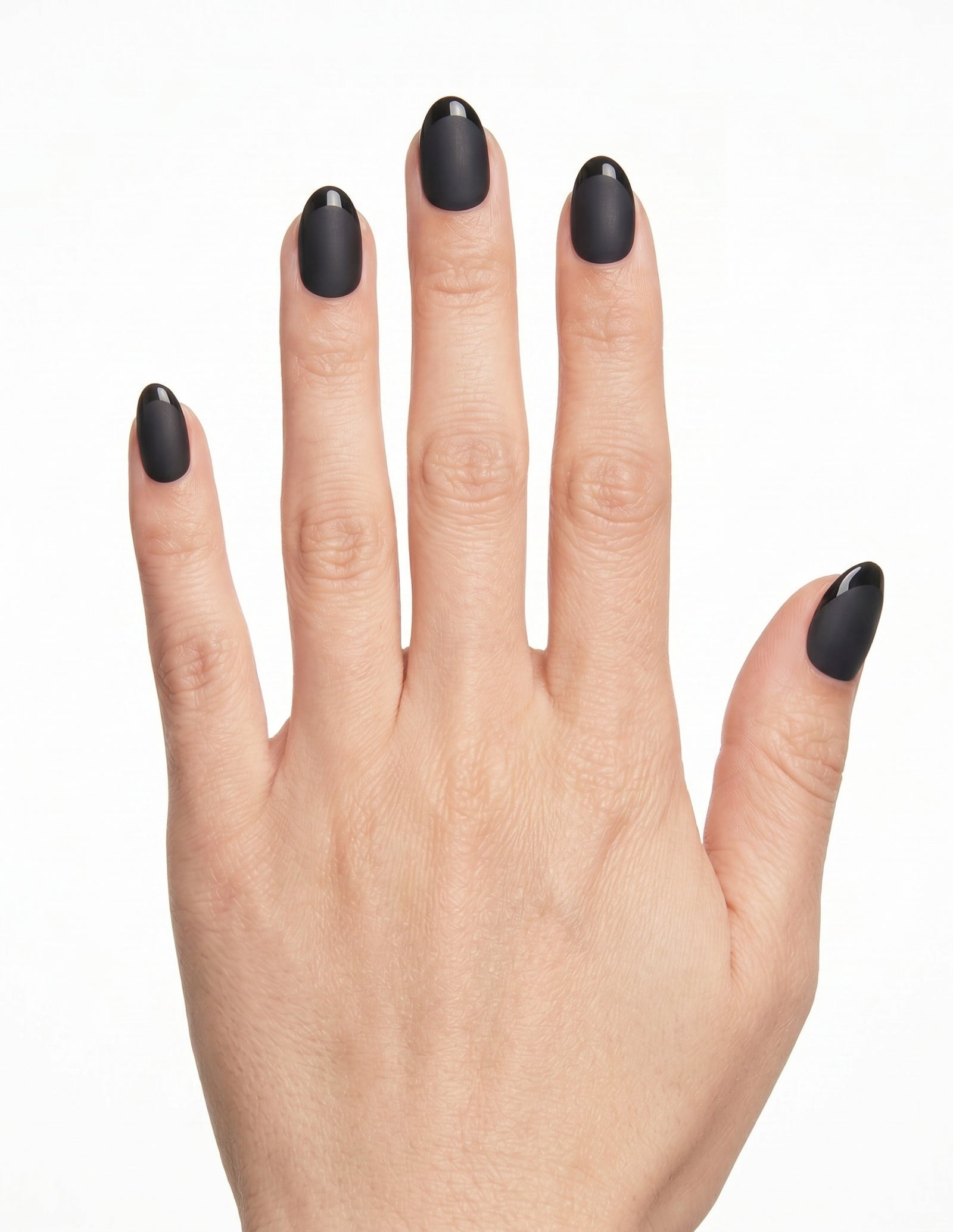 Ink press-on nails — Almond (extra-short), light-skin hand, back of hand
