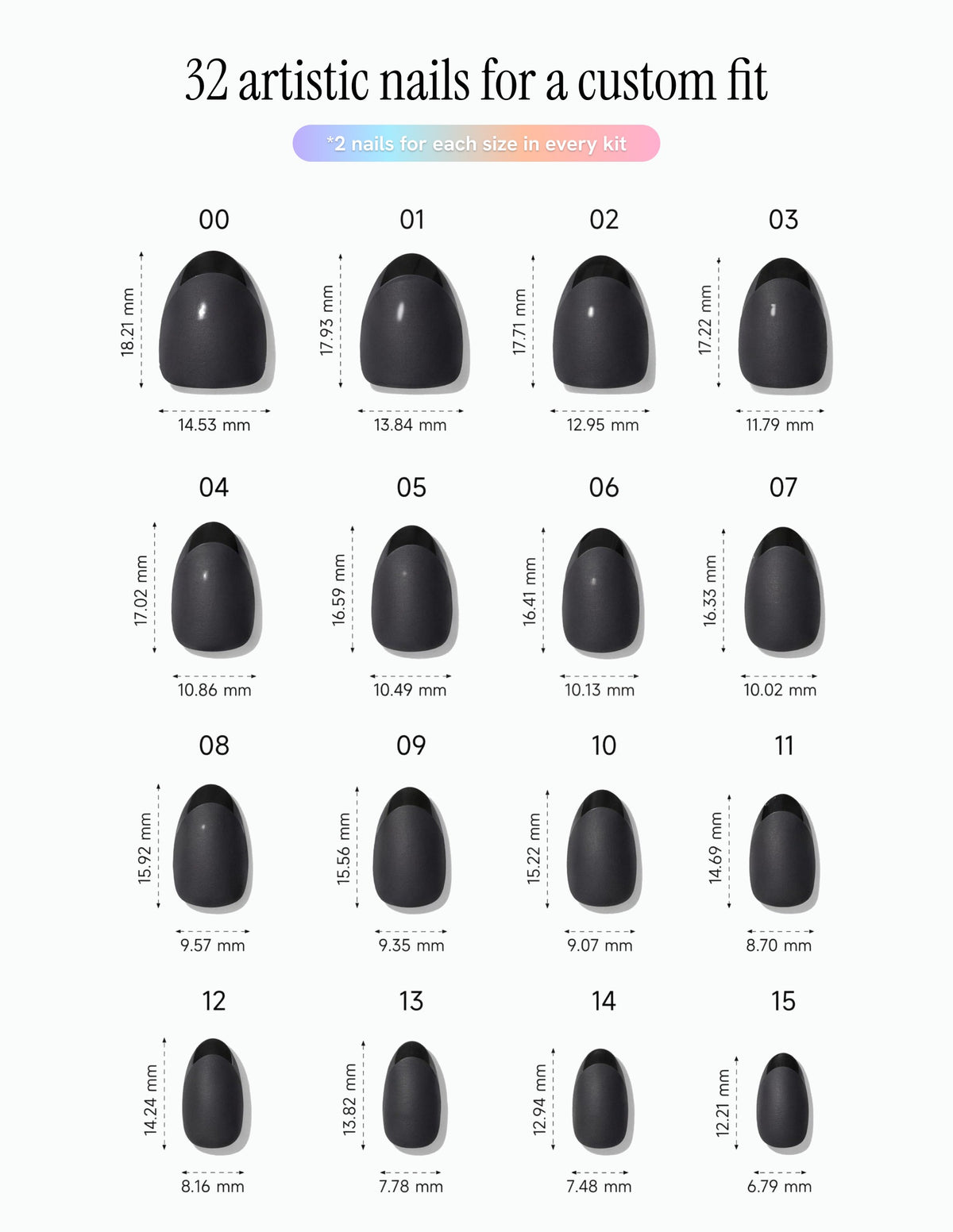 Ink — Almond size chart, 16 sizes with millimetre measurements