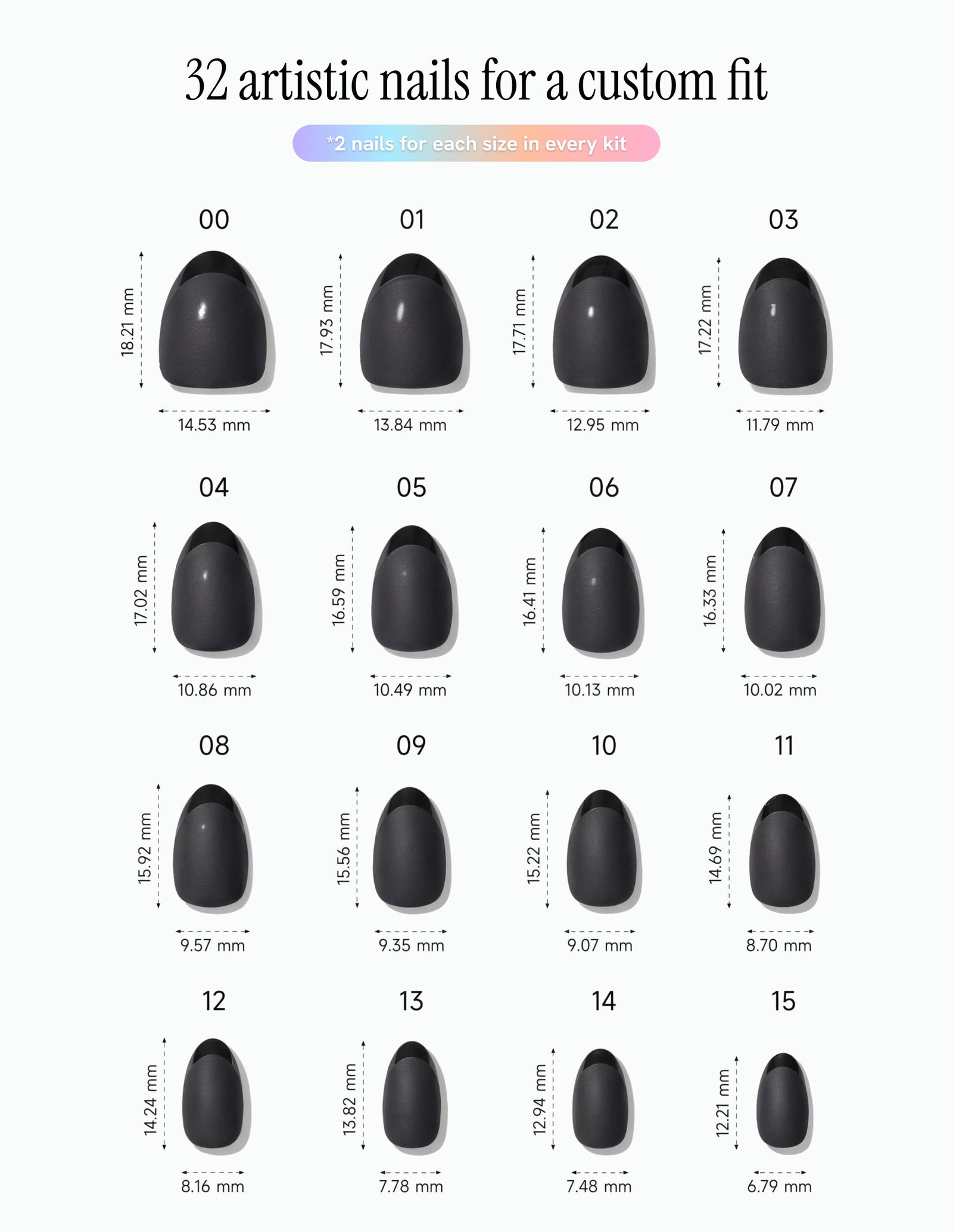 Ink — Almond size chart, 16 sizes with millimetre measurements