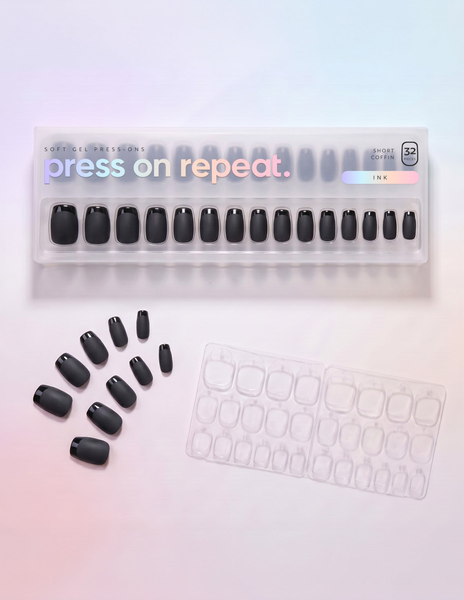 Ink press-on nails — Coffin (short) retail box with loose nails and adhesive tabs