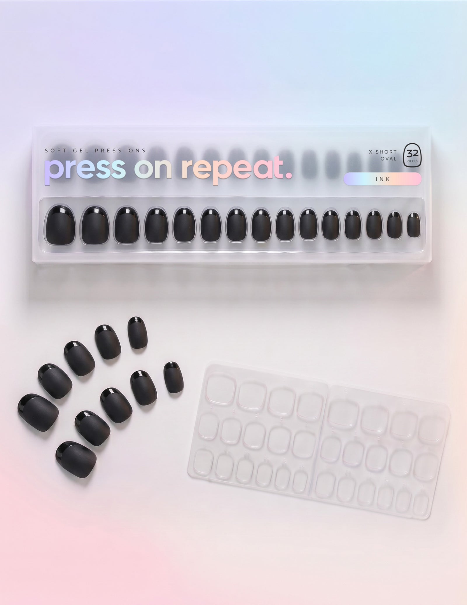 Ink press-on nails — Oval (extra-short) retail box with loose nails and adhesive tabs