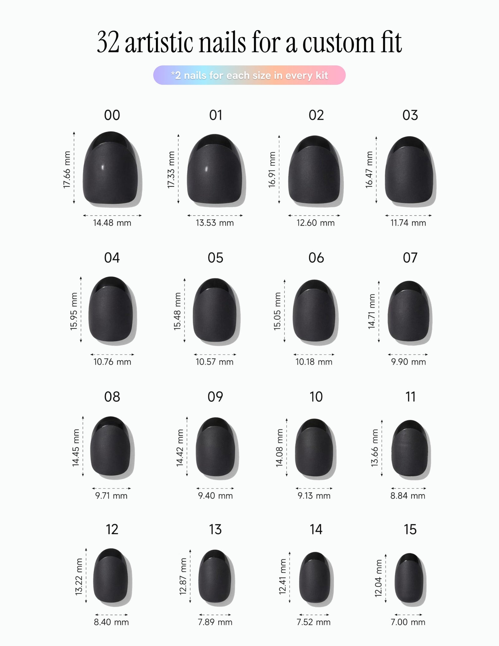 Ink — Oval size chart, 16 sizes with millimetre measurements