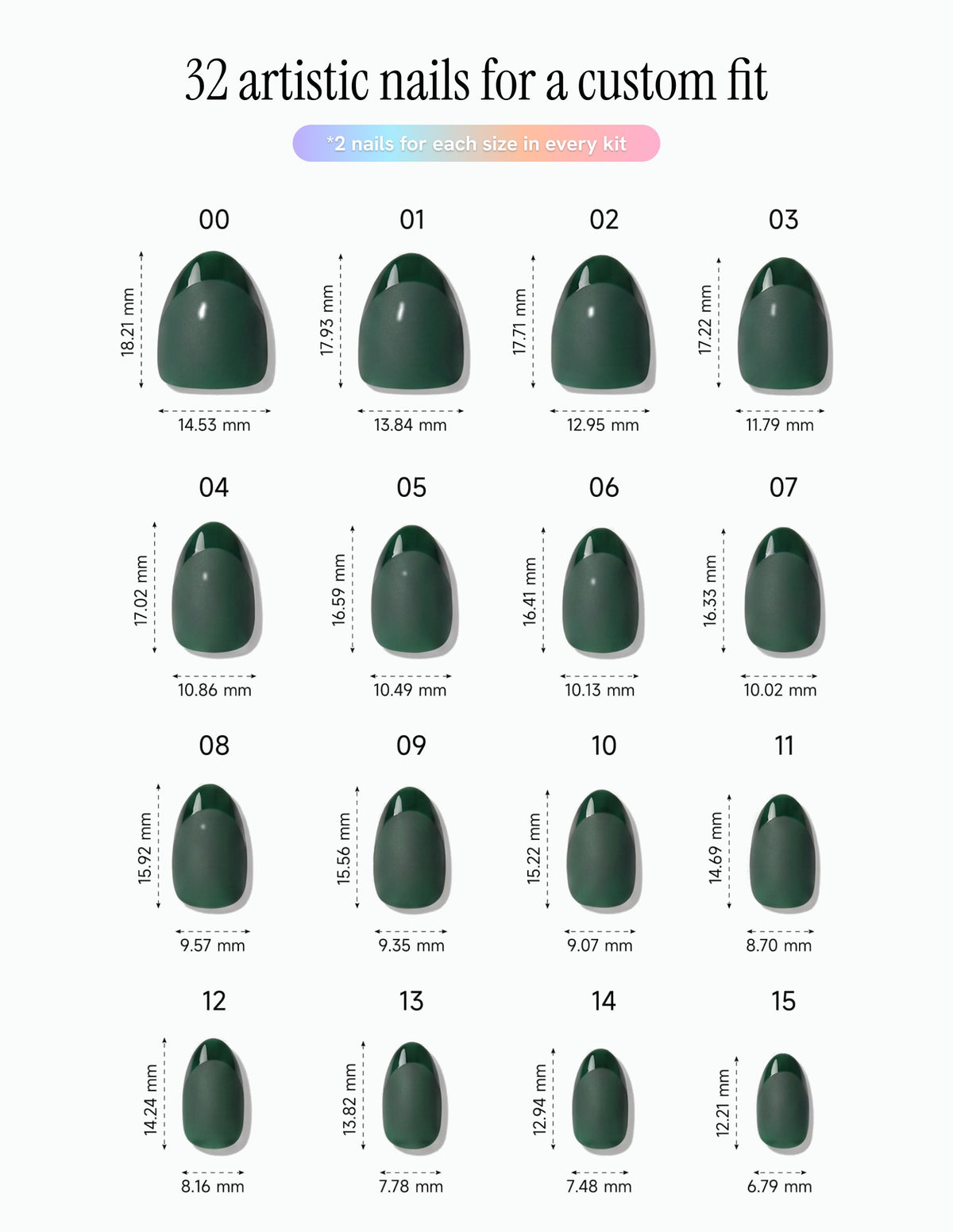 Forest — Almond size chart, 16 sizes with millimetre measurements