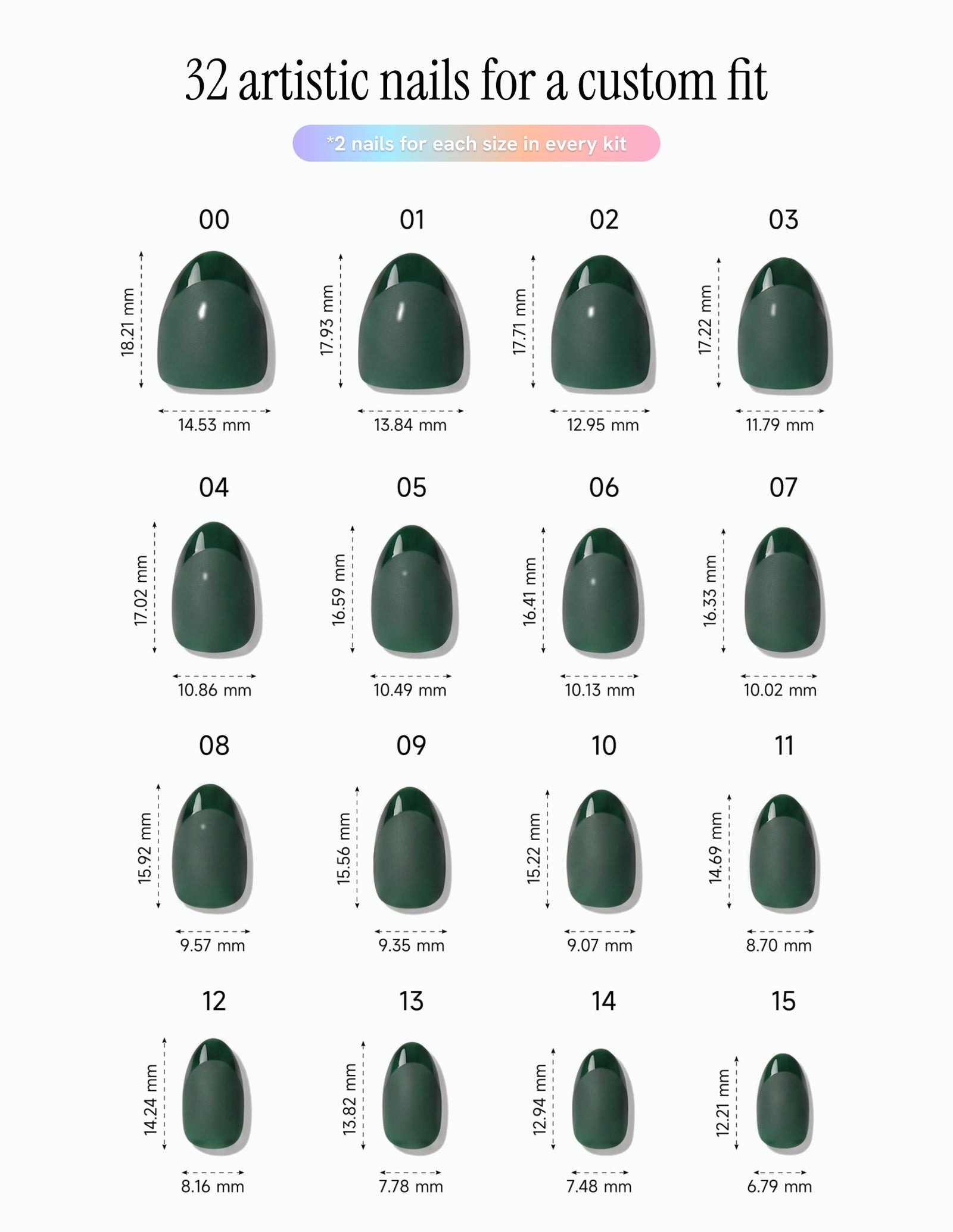 Forest — Almond size chart, 16 sizes with millimetre measurements