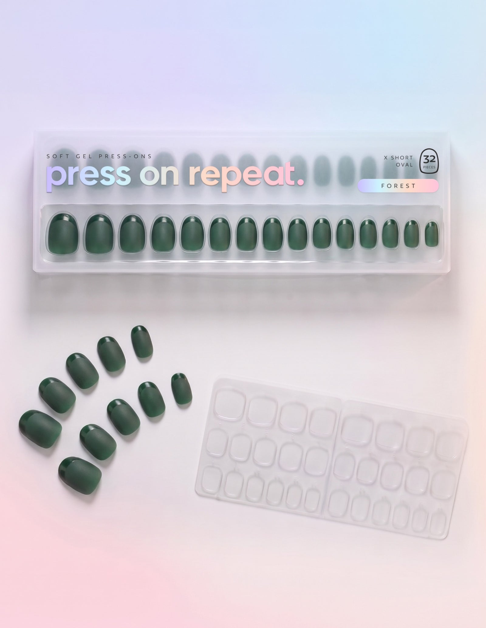 Forest press-on nails — Oval (extra-short) retail box with loose nails and adhesive tabs