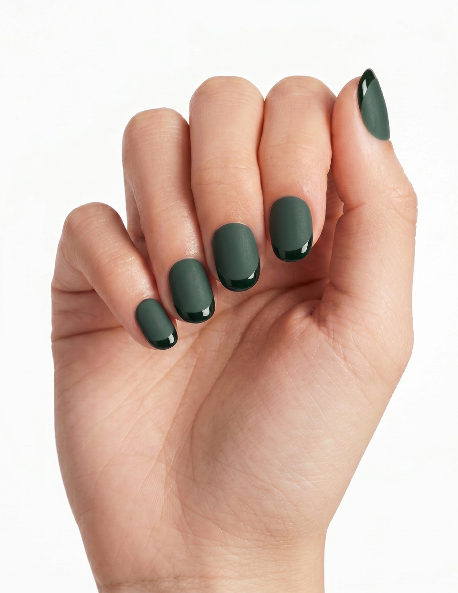 Forest press-on nails — Oval (extra-short), light-skin hand, fingers curled