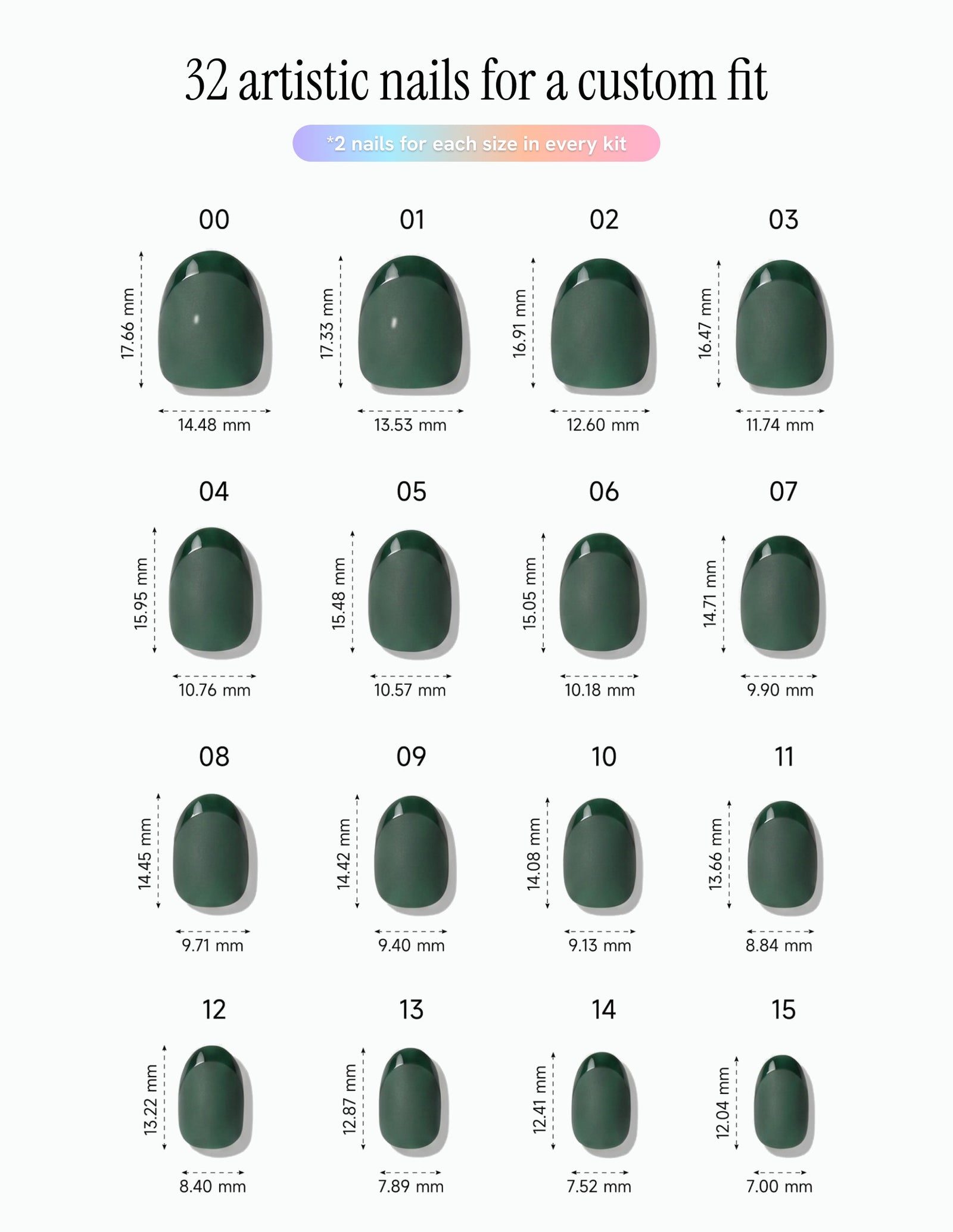 Forest — Oval size chart, 16 sizes with millimetre measurements