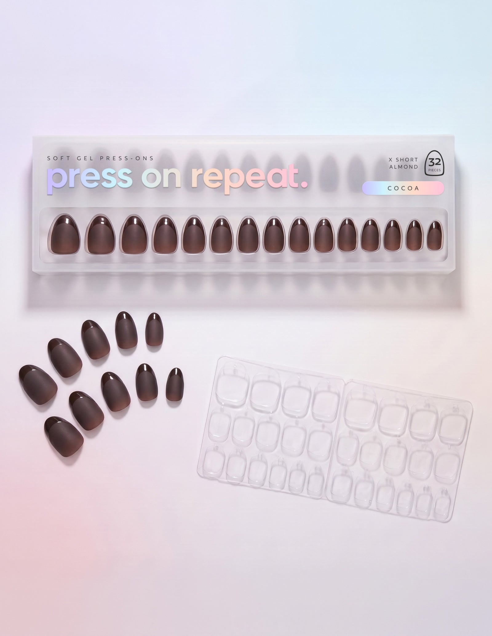 Cocoa press-on nails — Almond (extra-short) retail box with loose nails and adhesive tabs