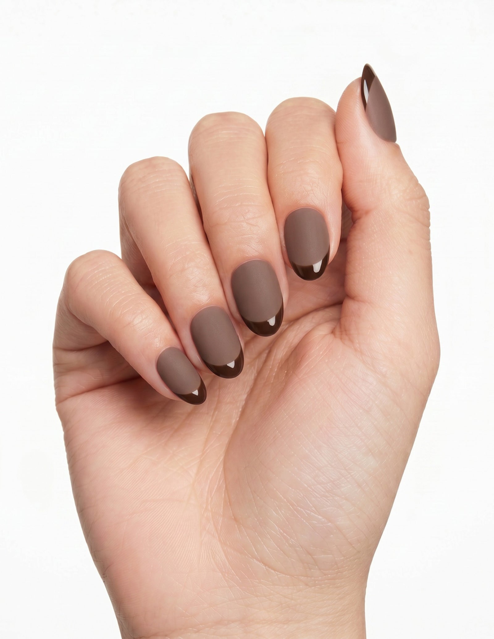 Cocoa press-on nails — Almond (extra-short), light-skin hand, fingers curled