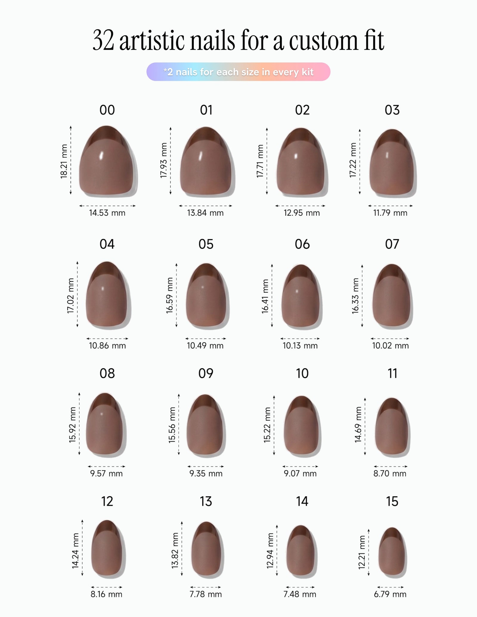 Cocoa — Almond size chart, 16 sizes with millimetre measurements