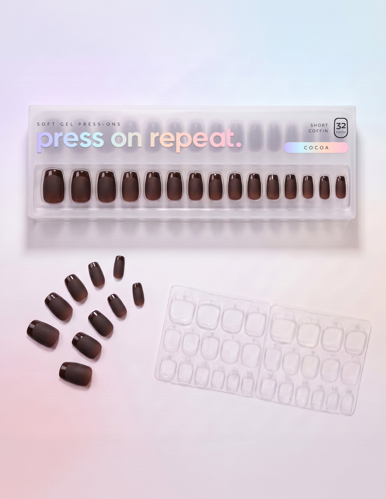 Cocoa press-on nails — Coffin (short) retail box with loose nails and adhesive tabs