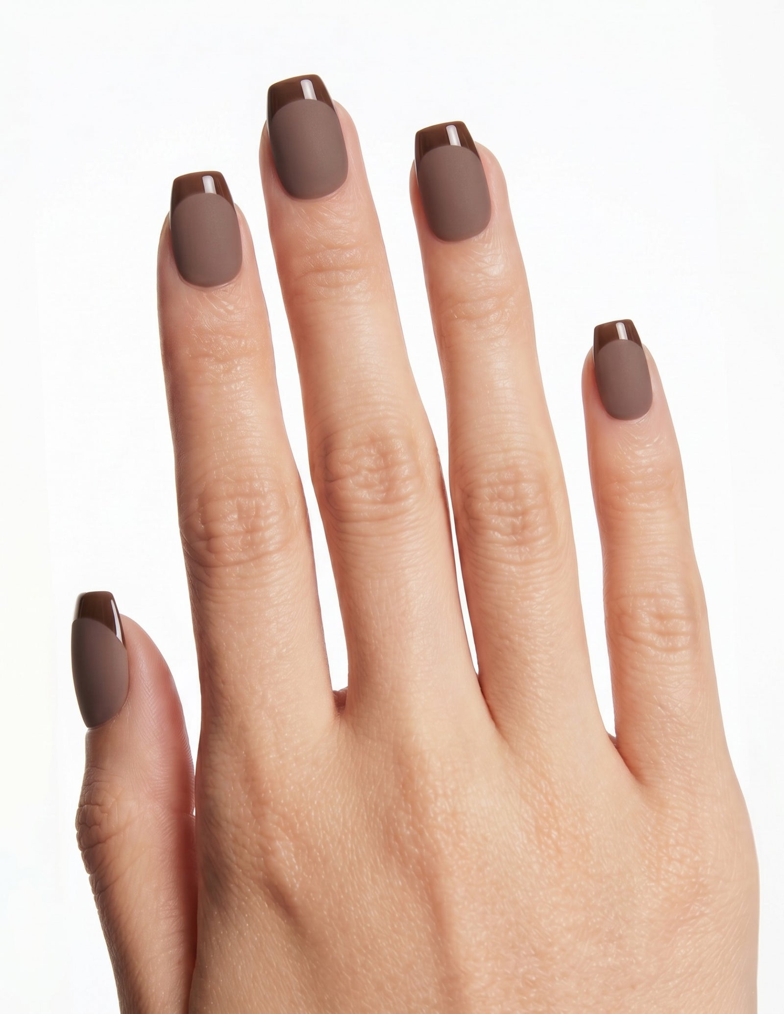 Cocoa press-on nails — Coffin (short), light-skin hand, back of hand