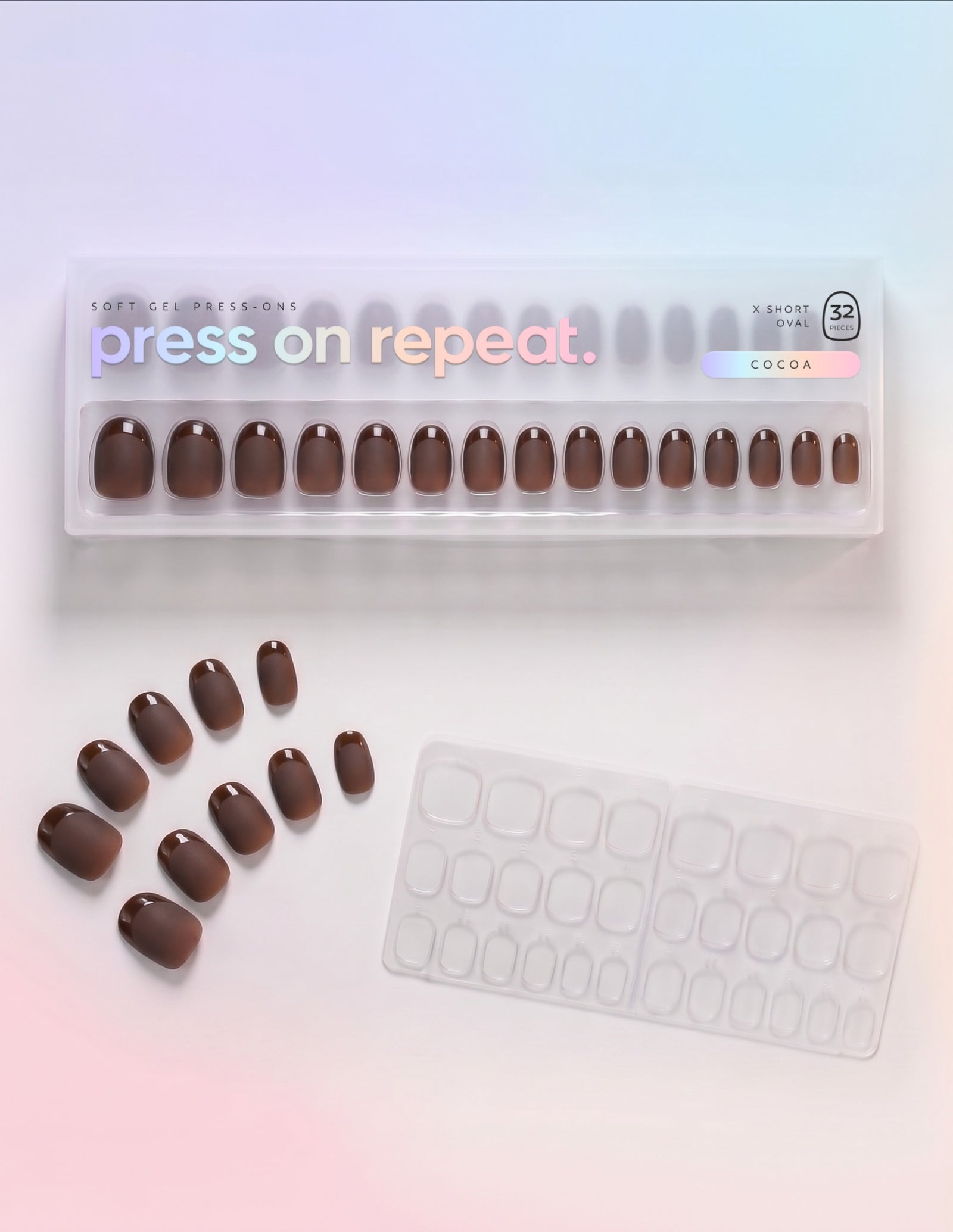 Cocoa press-on nails — Oval (extra-short) retail box with loose nails and adhesive tabs