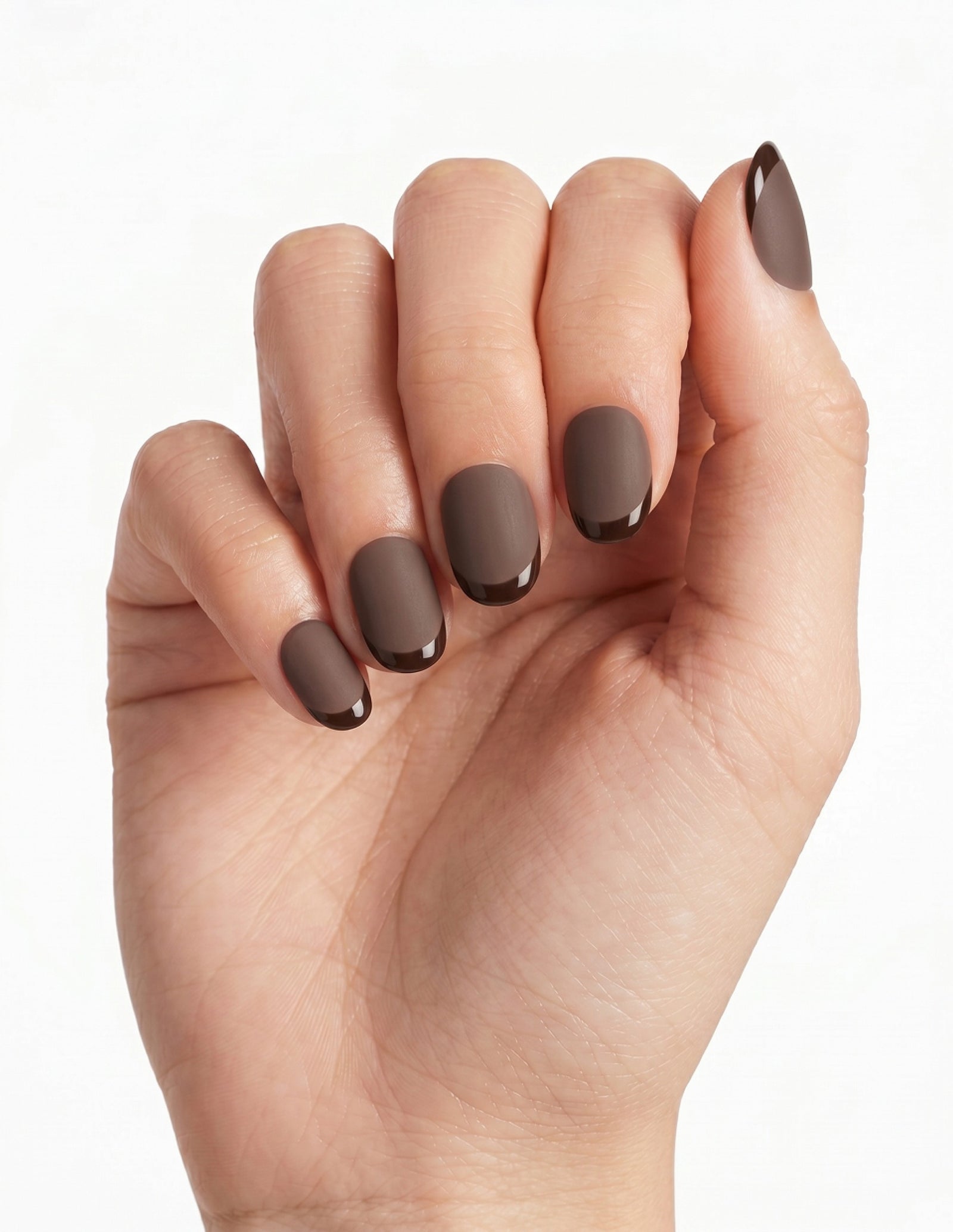 Cocoa press-on nails — Oval (extra-short), light-skin hand, fingers curled