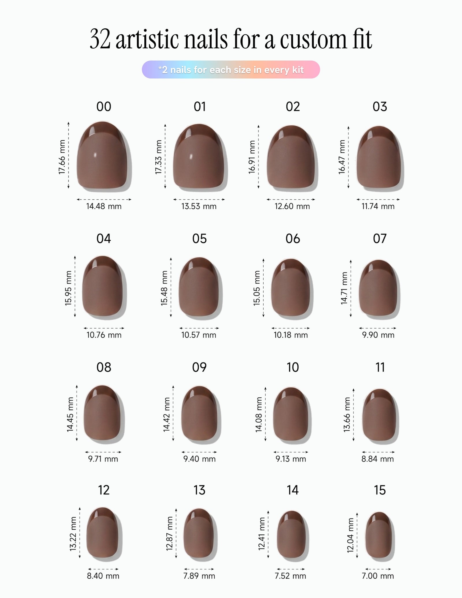 Cocoa — Oval size chart, 16 sizes with millimetre measurements