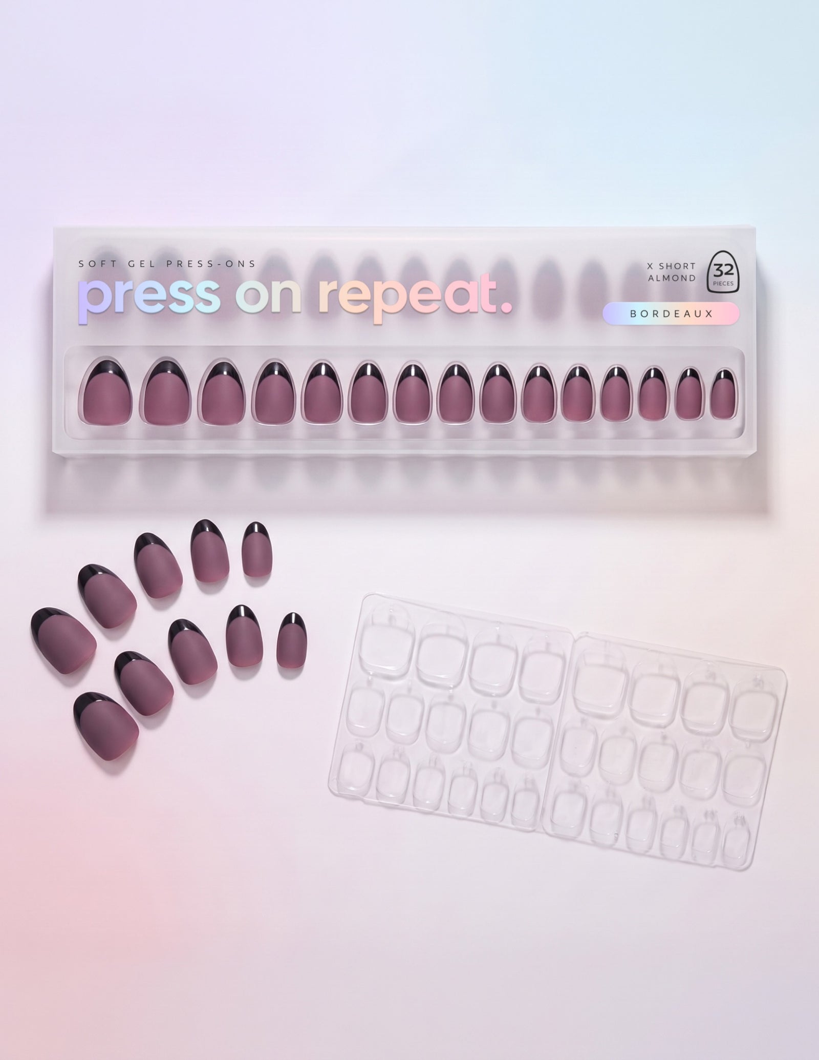 Bordeaux press-on nails — Almond (extra-short) retail box with loose nails and adhesive tabs