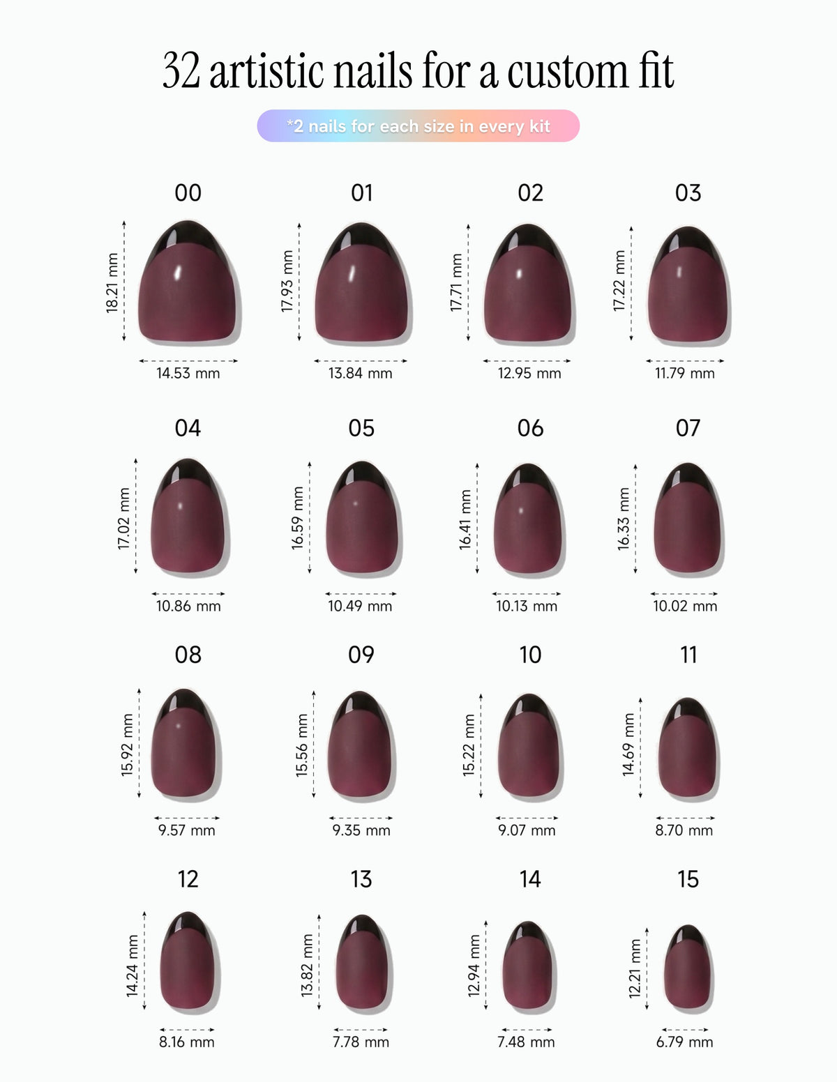 Bordeaux — Almond size chart, 16 sizes with millimetre measurements