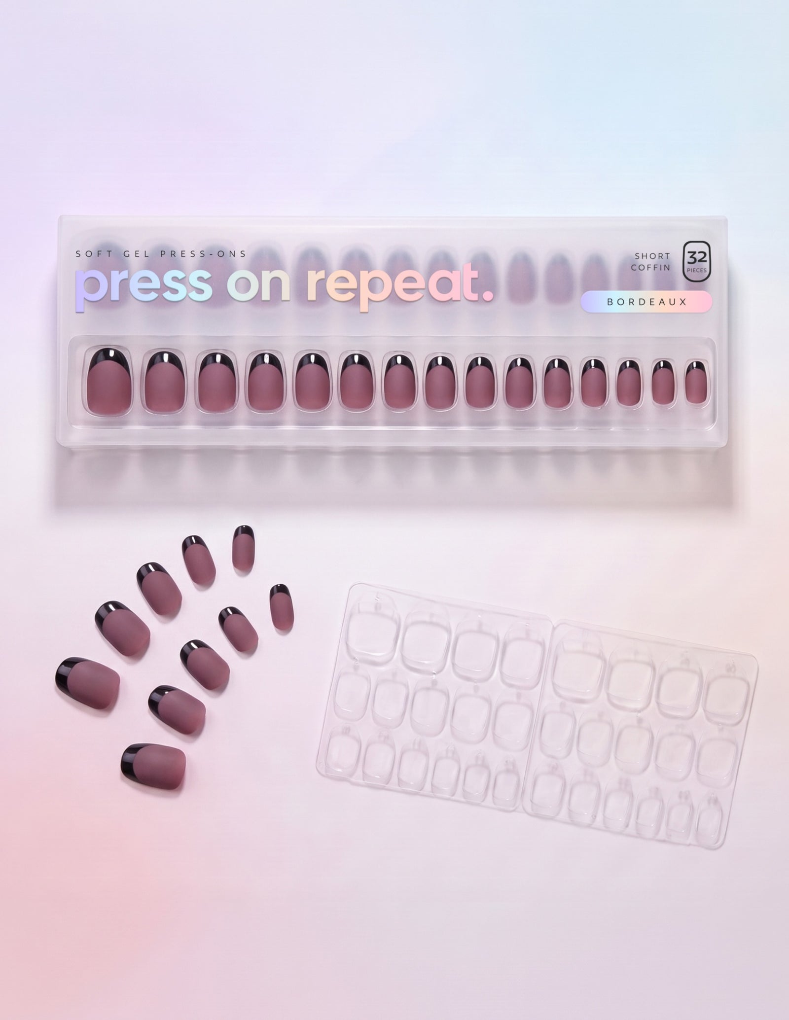 Bordeaux press-on nails — Coffin (short) retail box with loose nails and adhesive tabs