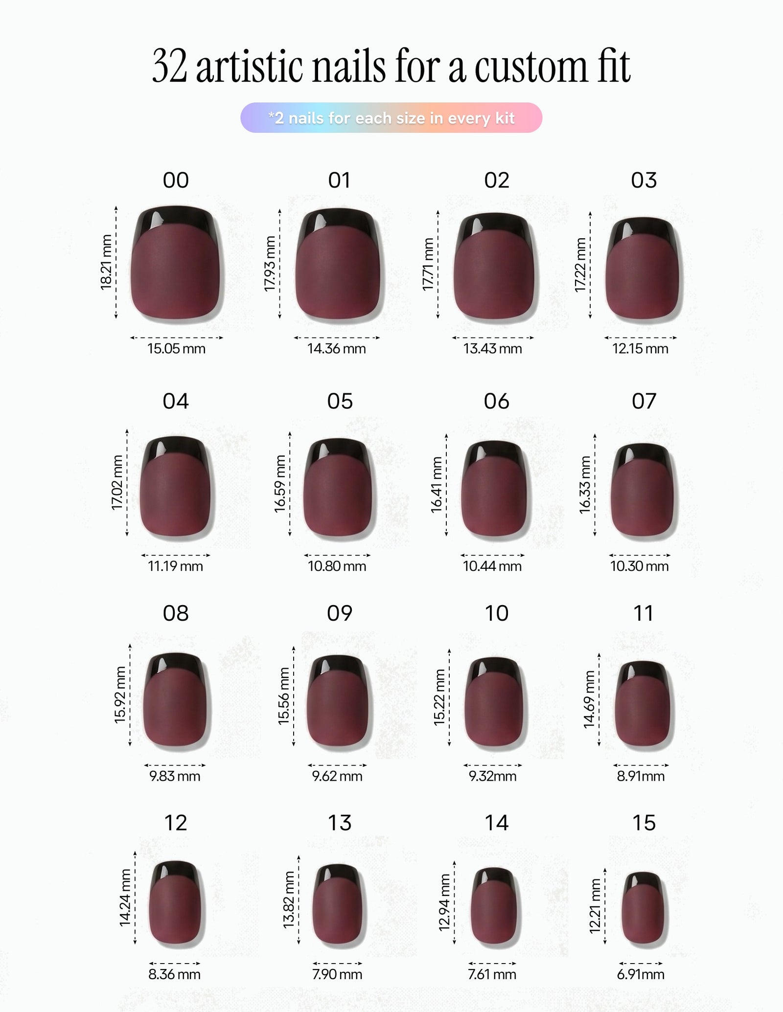 Bordeaux — Coffin size chart, 16 sizes with millimetre measurements