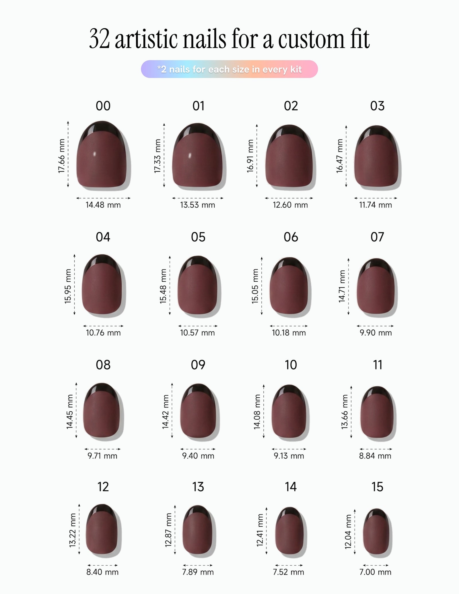 Bordeaux — Oval size chart, 16 sizes with millimetre measurements