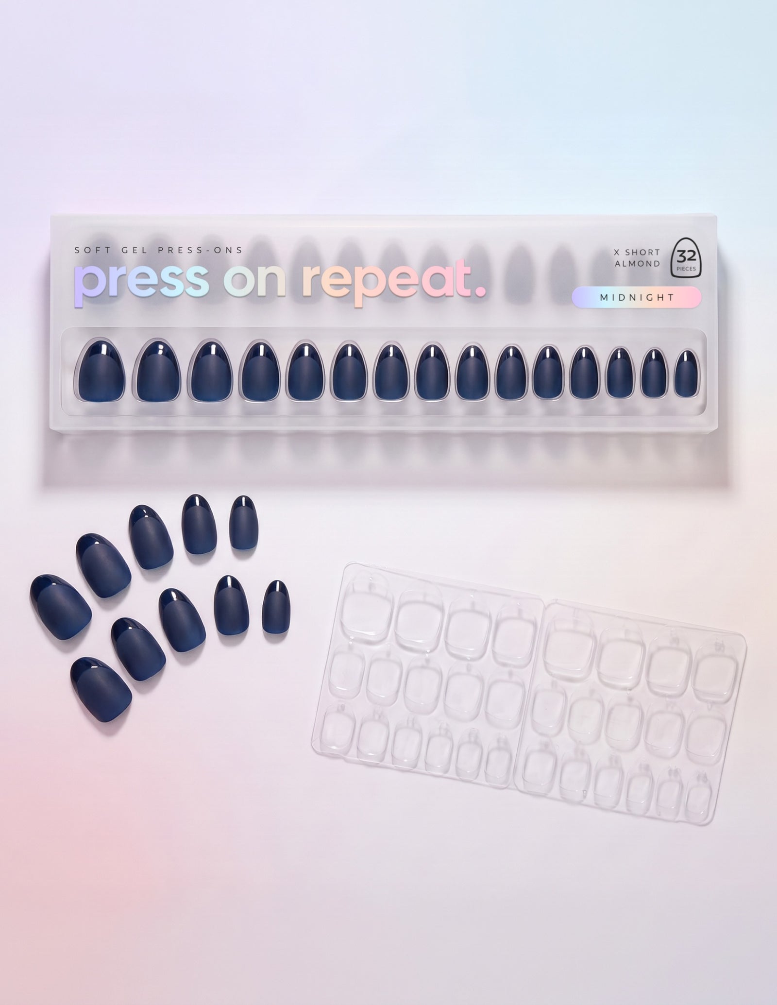 Midnight press-on nails — Almond (extra-short) retail box with loose nails and adhesive tabs