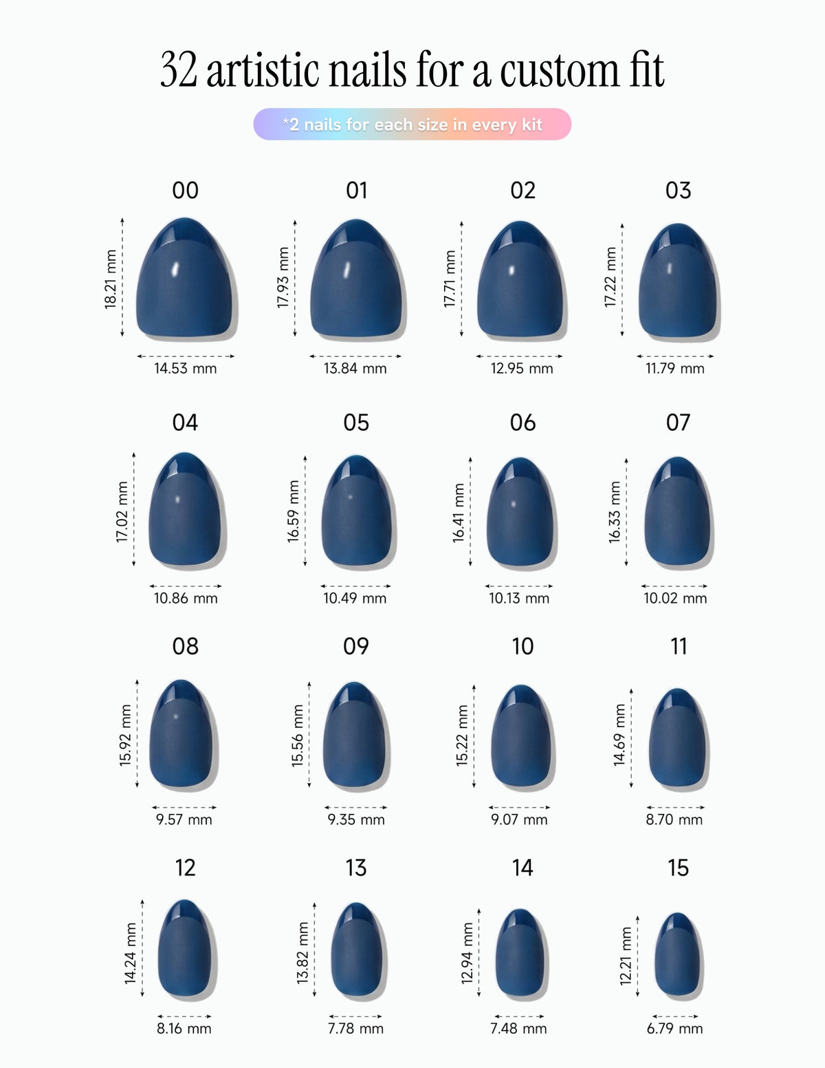 Midnight — Almond size chart, 16 sizes with millimetre measurements