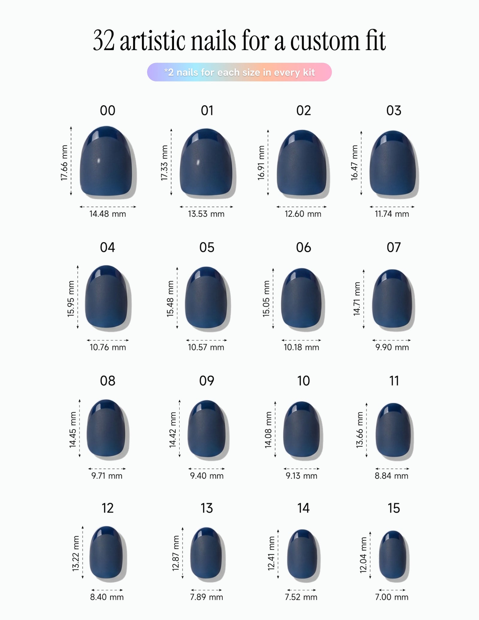 Midnight — Oval size chart, 16 sizes with millimetre measurements