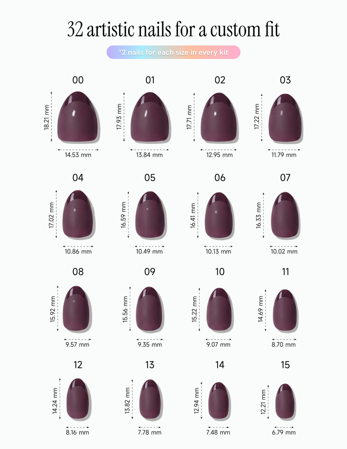 Aubergine — Almond size chart, 16 sizes with millimetre measurements