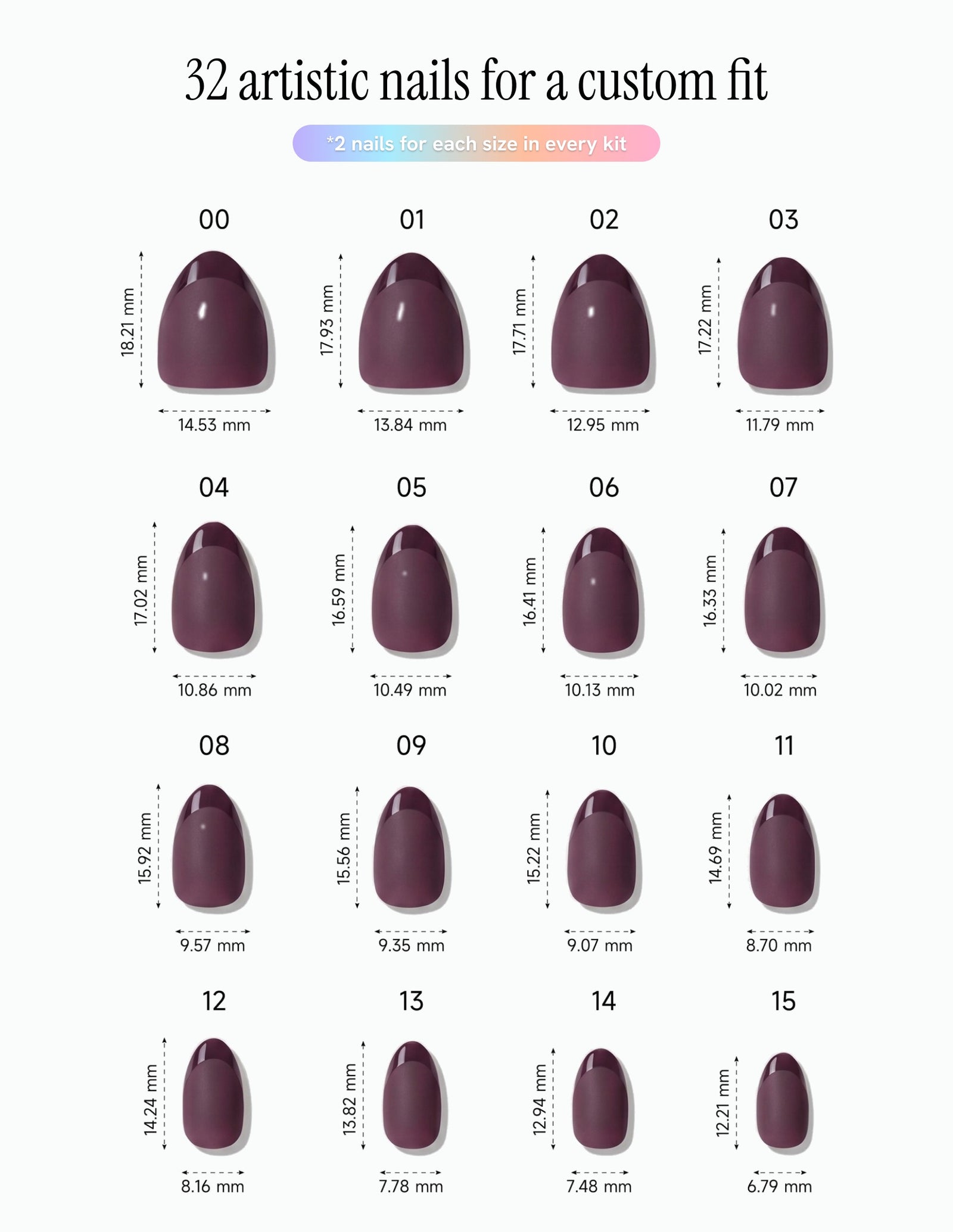 Aubergine — Almond size chart, 16 sizes with millimetre measurements