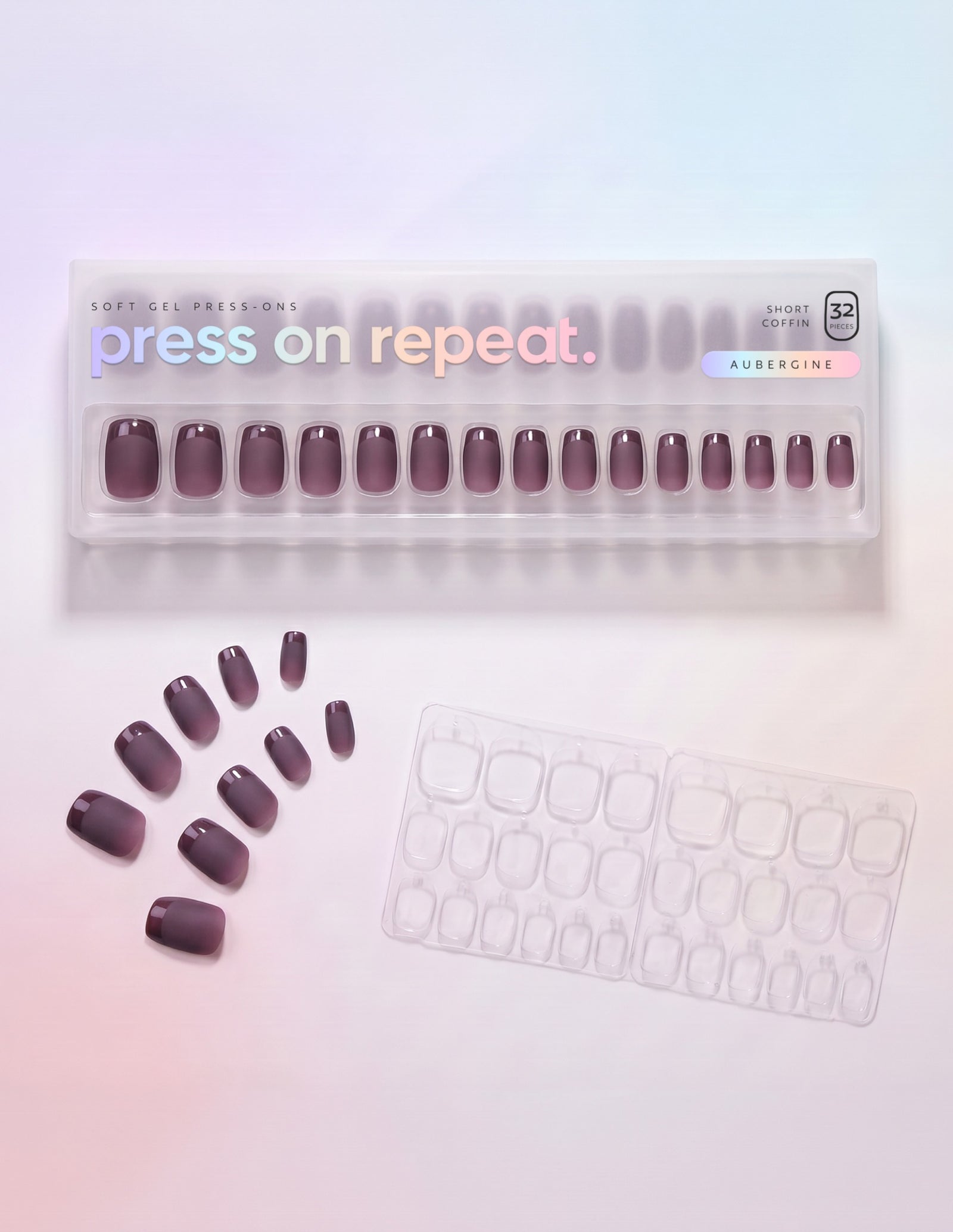 Aubergine press-on nails — Coffin (short) retail box with loose nails and adhesive tabs