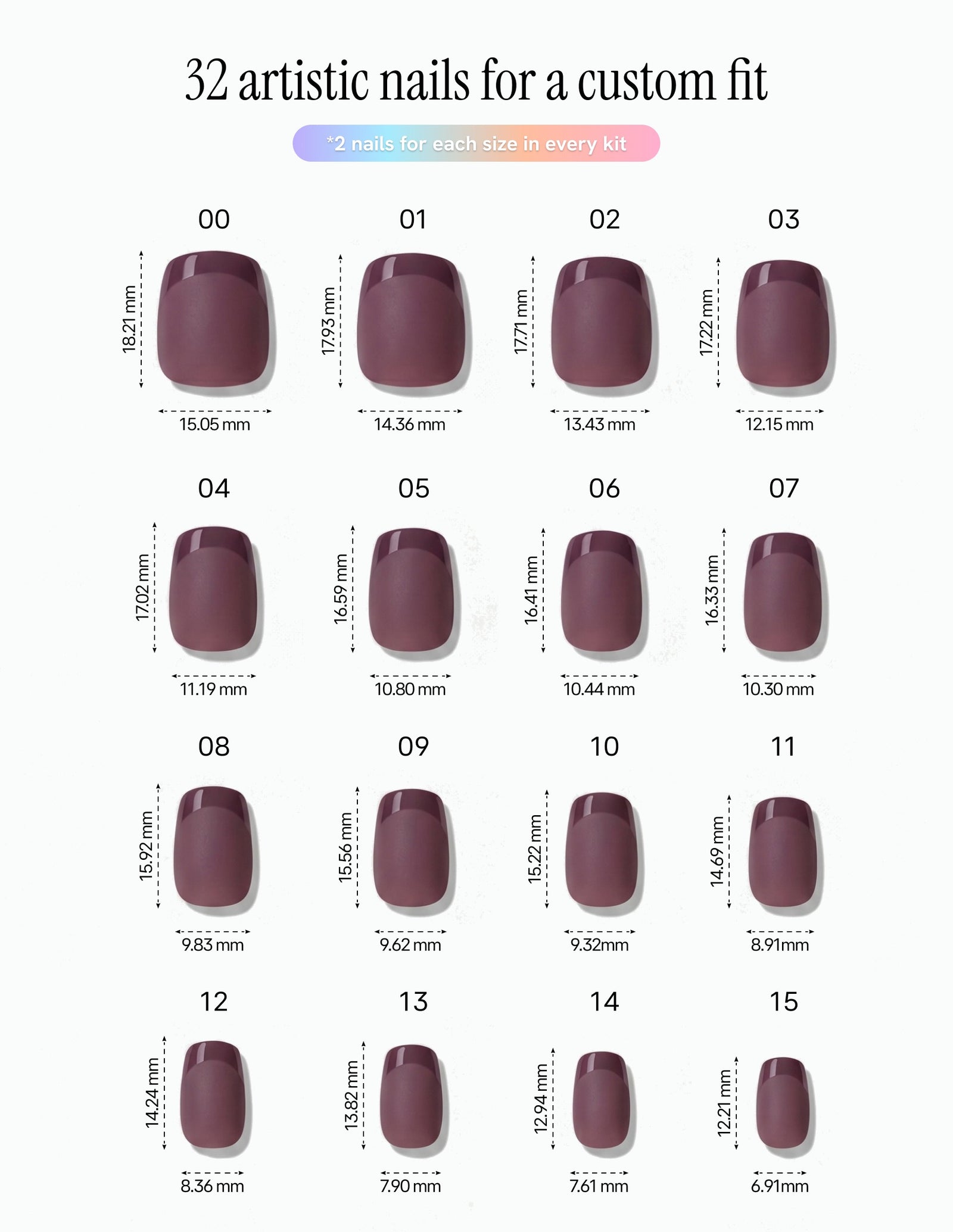 Aubergine — Coffin size chart, 16 sizes with millimetre measurements